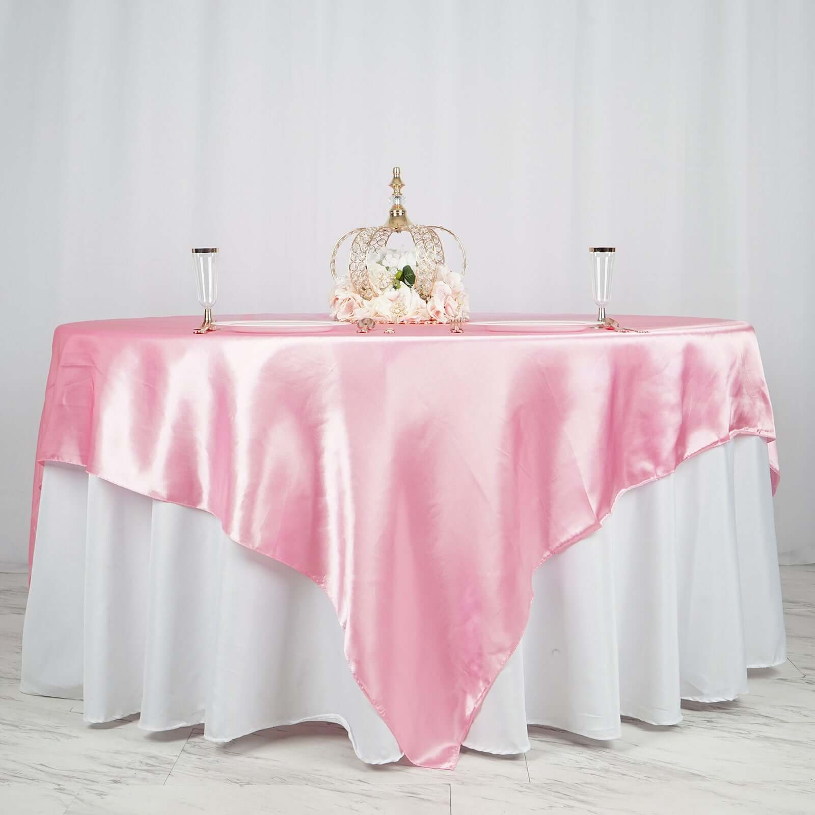 Pink Satin 90x90 Square Table Overlay - Smooth Finish Table Topper for Events