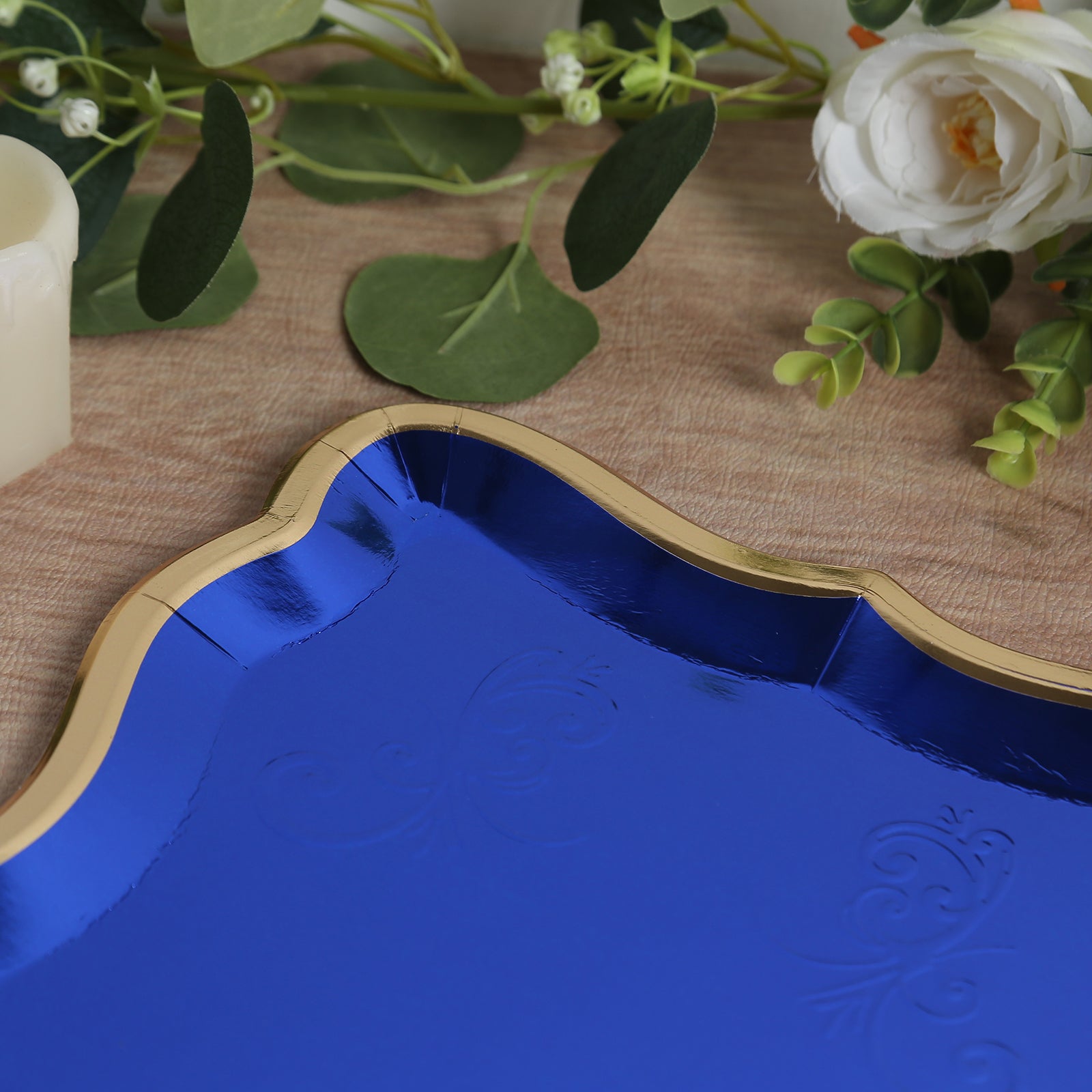 10-Pack Heavy Duty Disposable Royal Blue Paper Serving Trays with Gold Rim for Weddings & Parties