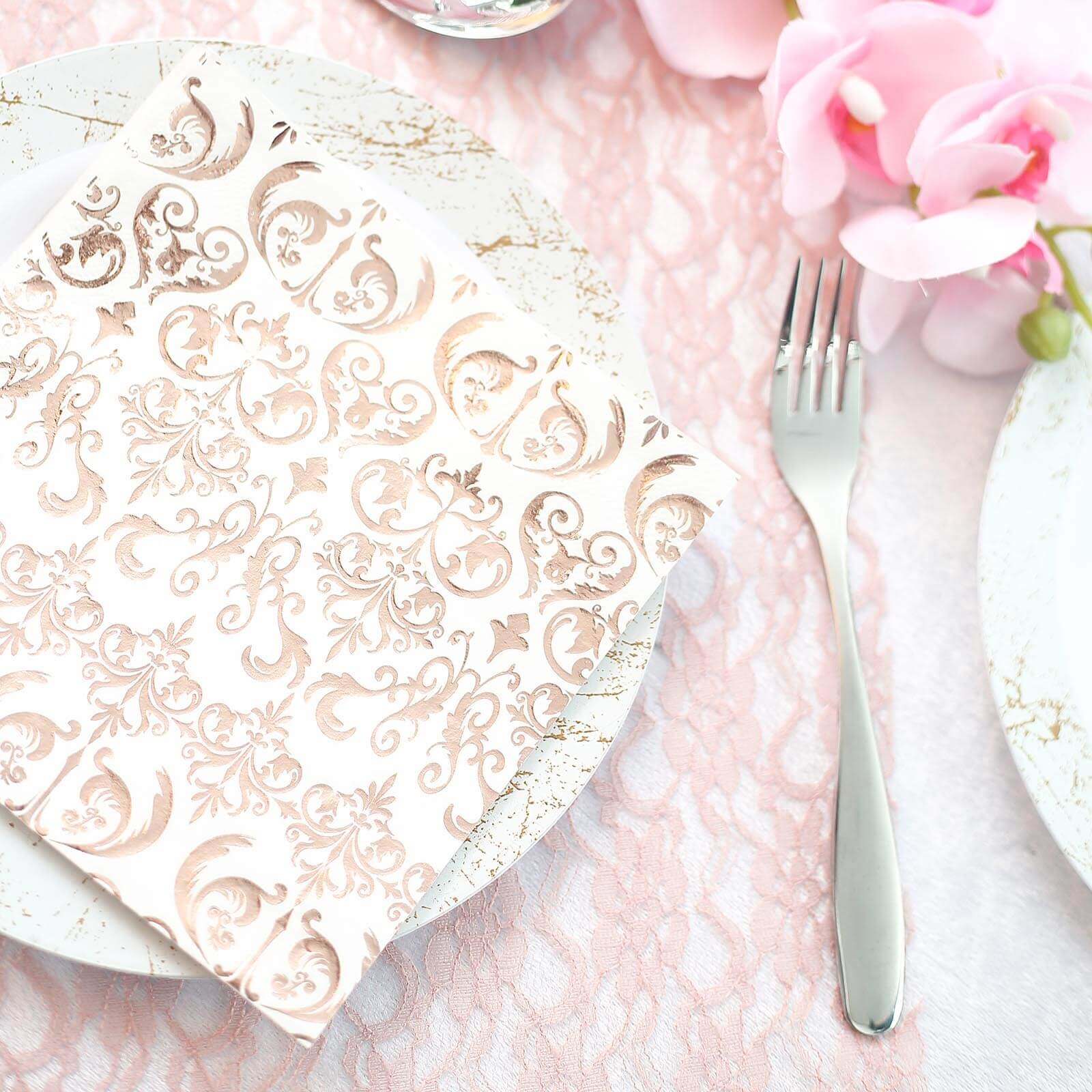20-Pack Disposable 3-Ply Vintage Rose Gold Metallic Print Paper Dinner Napkins for Weddings