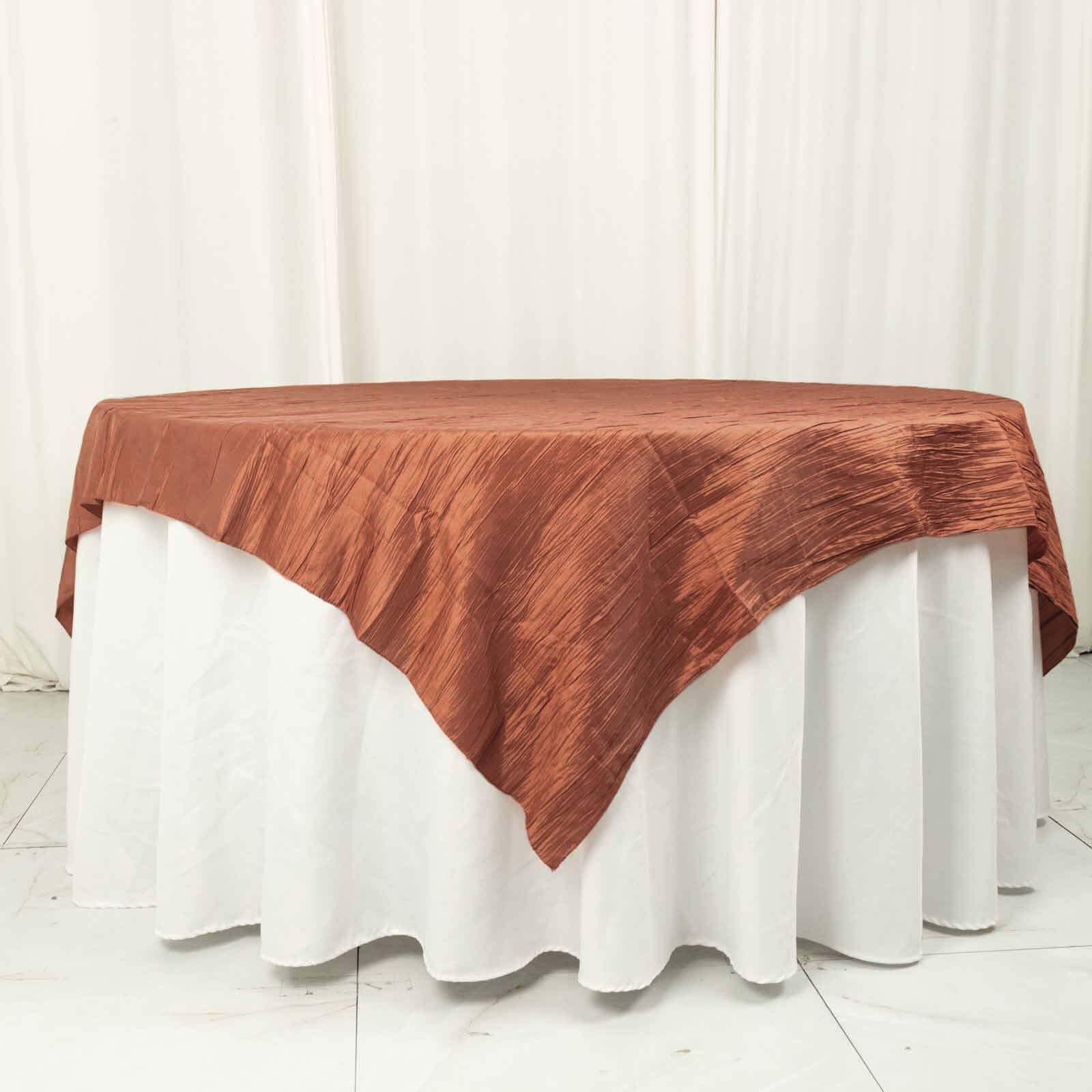72x72 Square Terracotta (Rust) Accordion Crinkle Taffeta Table Overlay