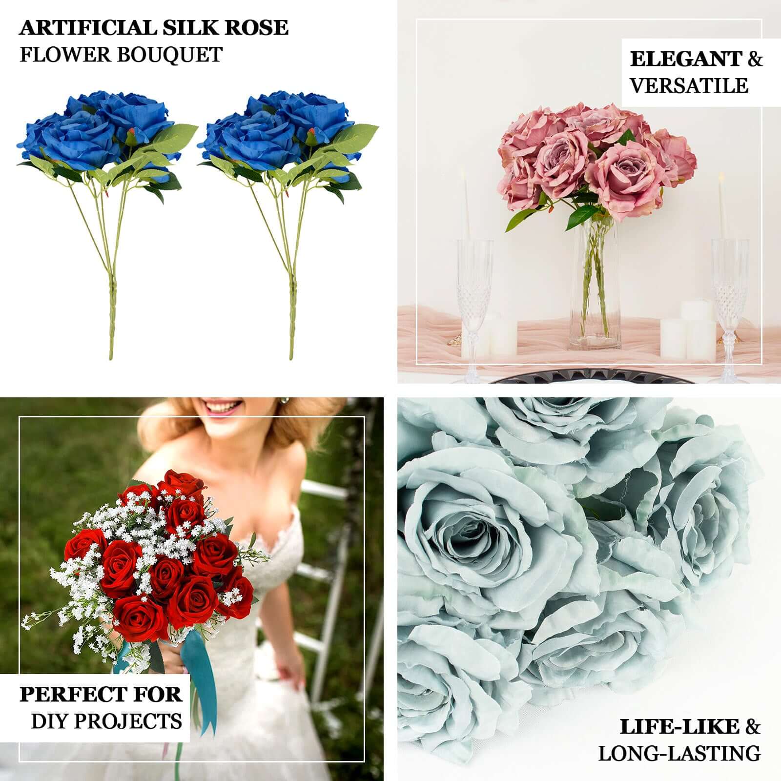 17-Inch Blush Premium Silk Jumbo Rose Flower Bouquet, High-Quality Artificial Wedding Florals
