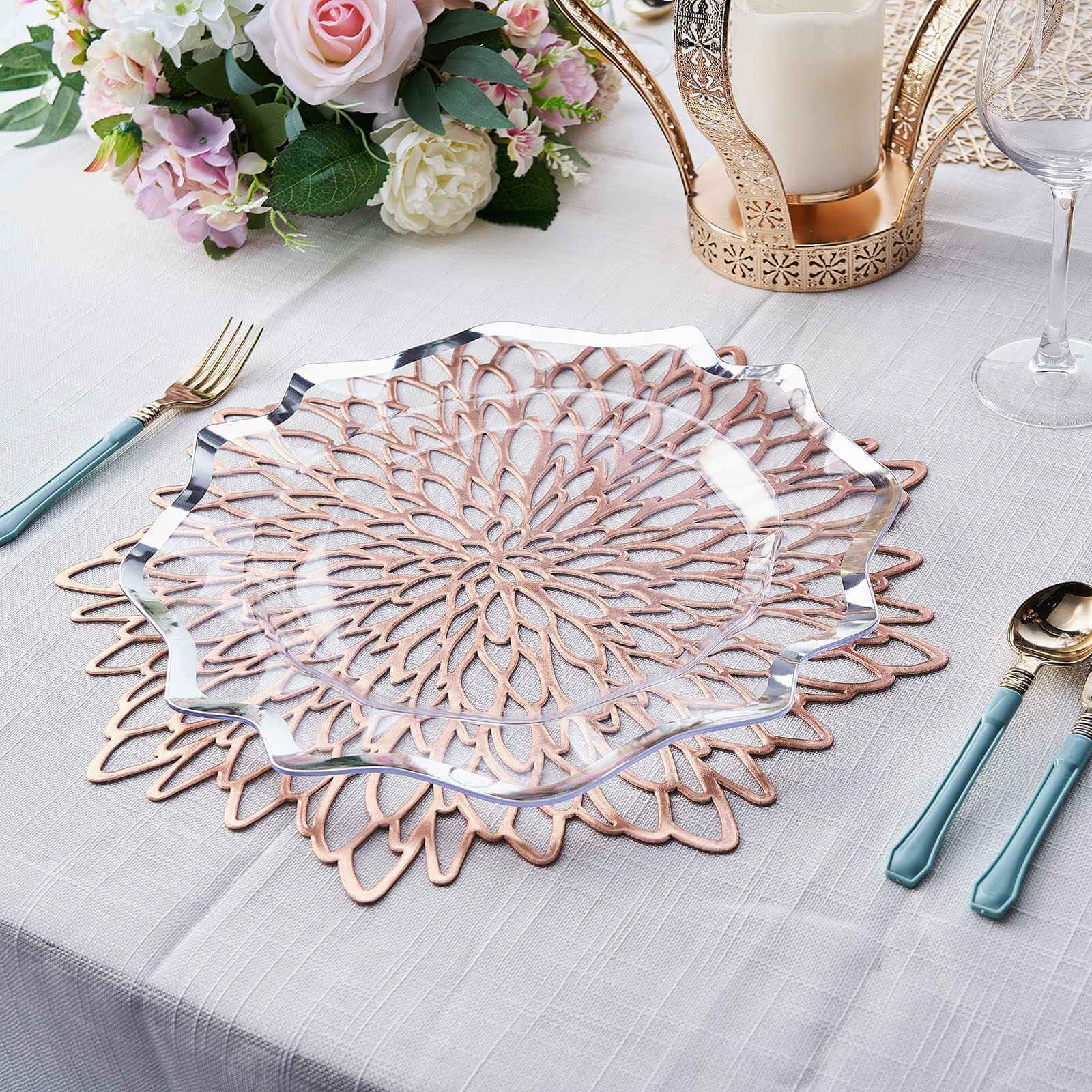 6-Piece Rose Gold Floral Round Non-Slip Vinyl Dining Table Mats, 15 Inches