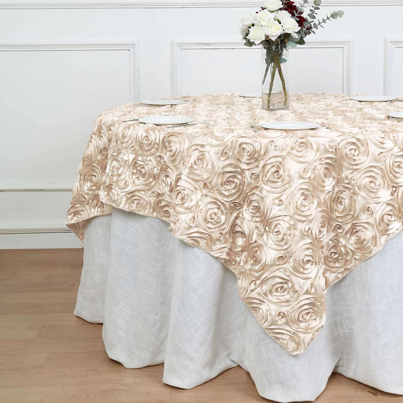 Beige 72x72 Satin Square Table Overlay with 3D Rosette Design