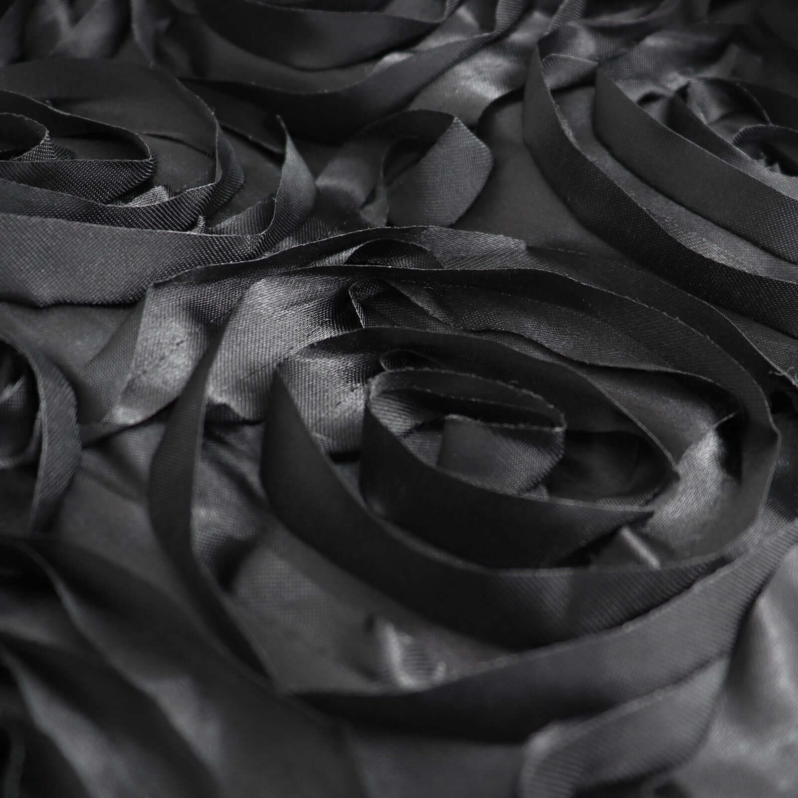 Black 72x72 Satin Square Table Overlay with 3D Rosette Design - Ideal for Stylish Events