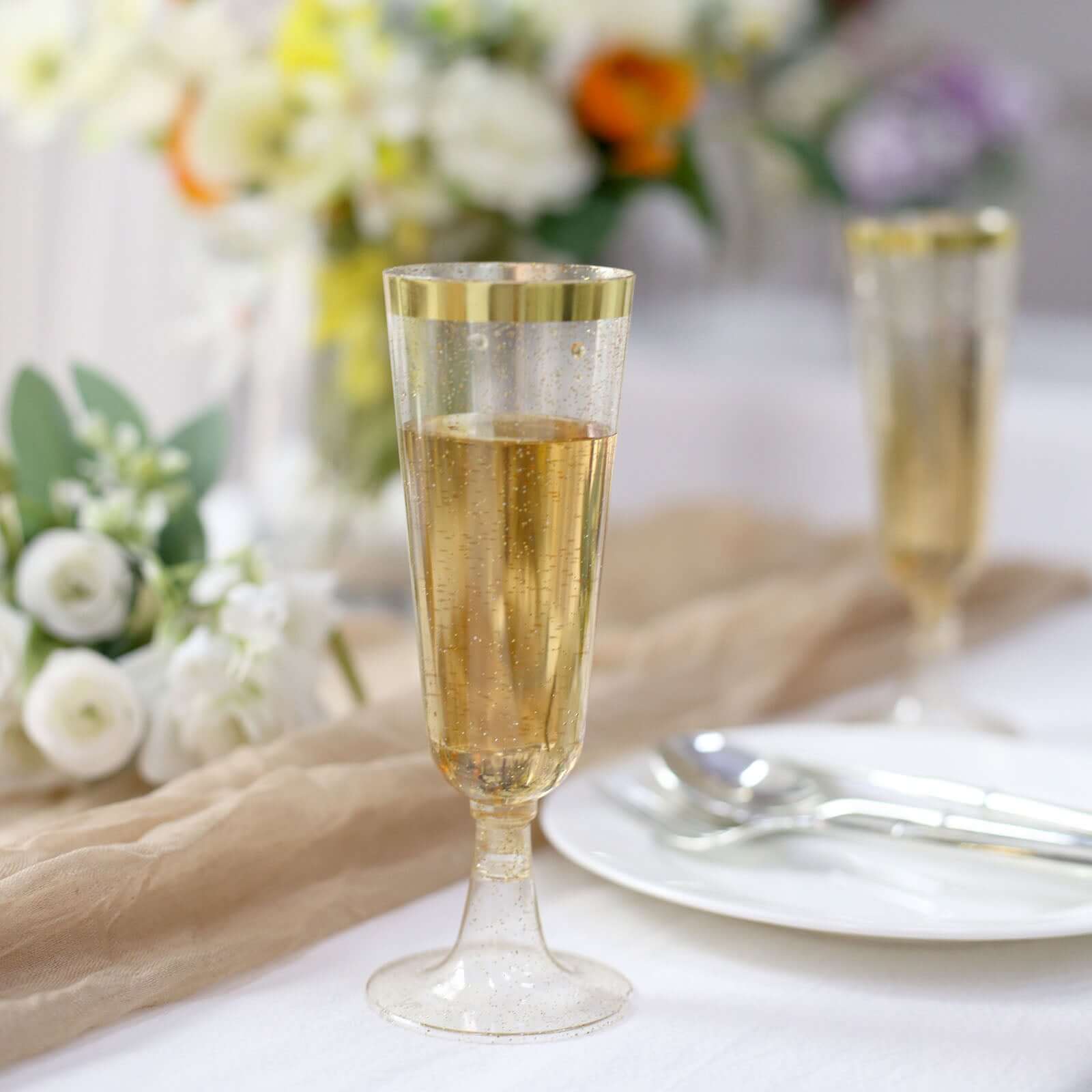 Hot Sale! 12-Pack Disposable Plastic Champagne Flutes with Clear Body, Gold Glitter, and Gold Rim for Parties, 6oz