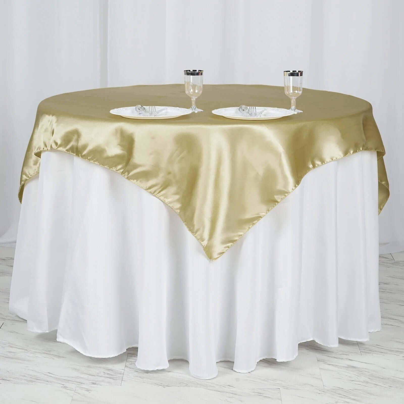 Champagne Satin 60x60 Square Table Overlay with Smooth Silky Touch