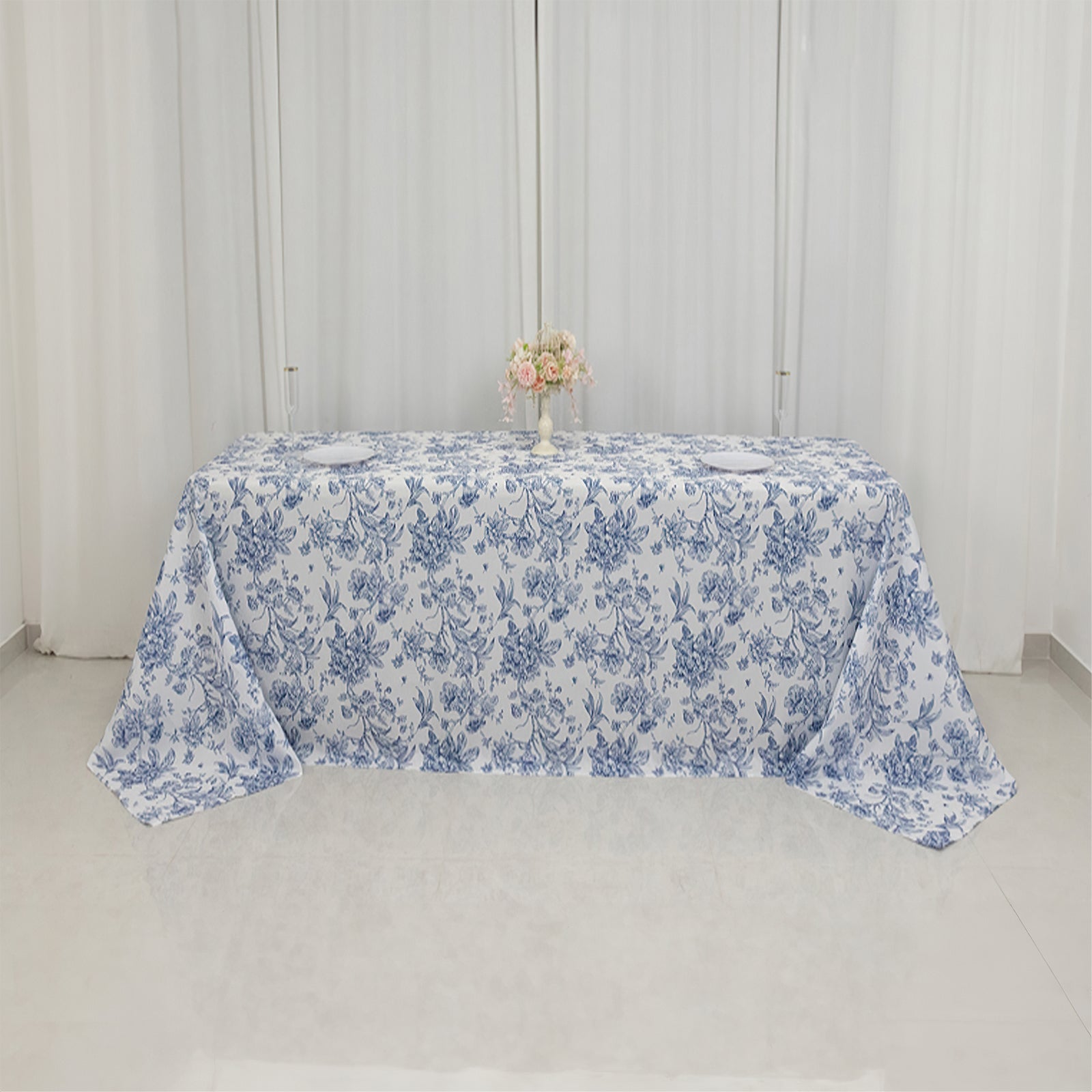 White Polyester Rectangle Tablecloth with Seamless Blue French Toile Pattern for Elegant Events