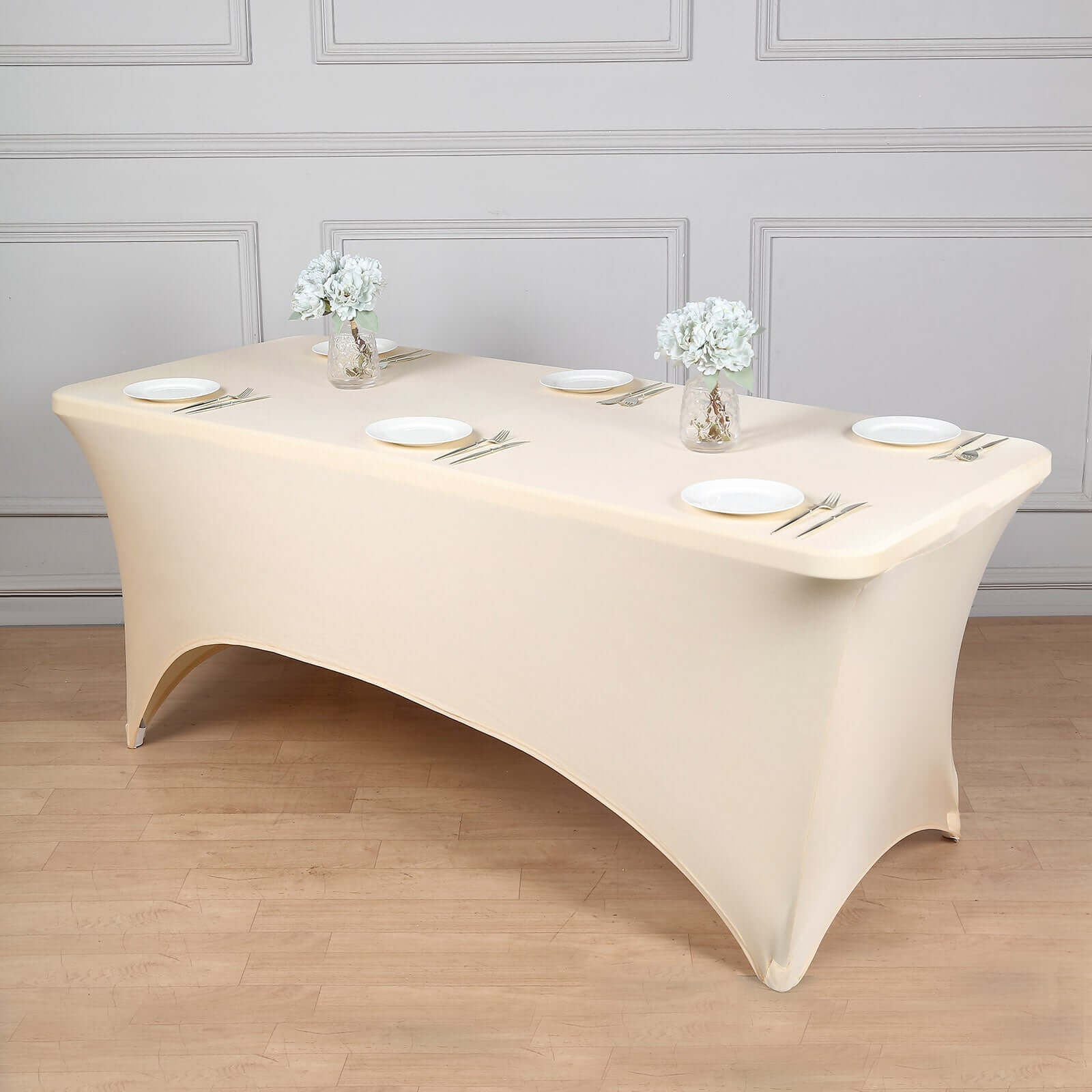 Durable Beige Stretch Spandex 6ft Rectangle Tablecloth for Events