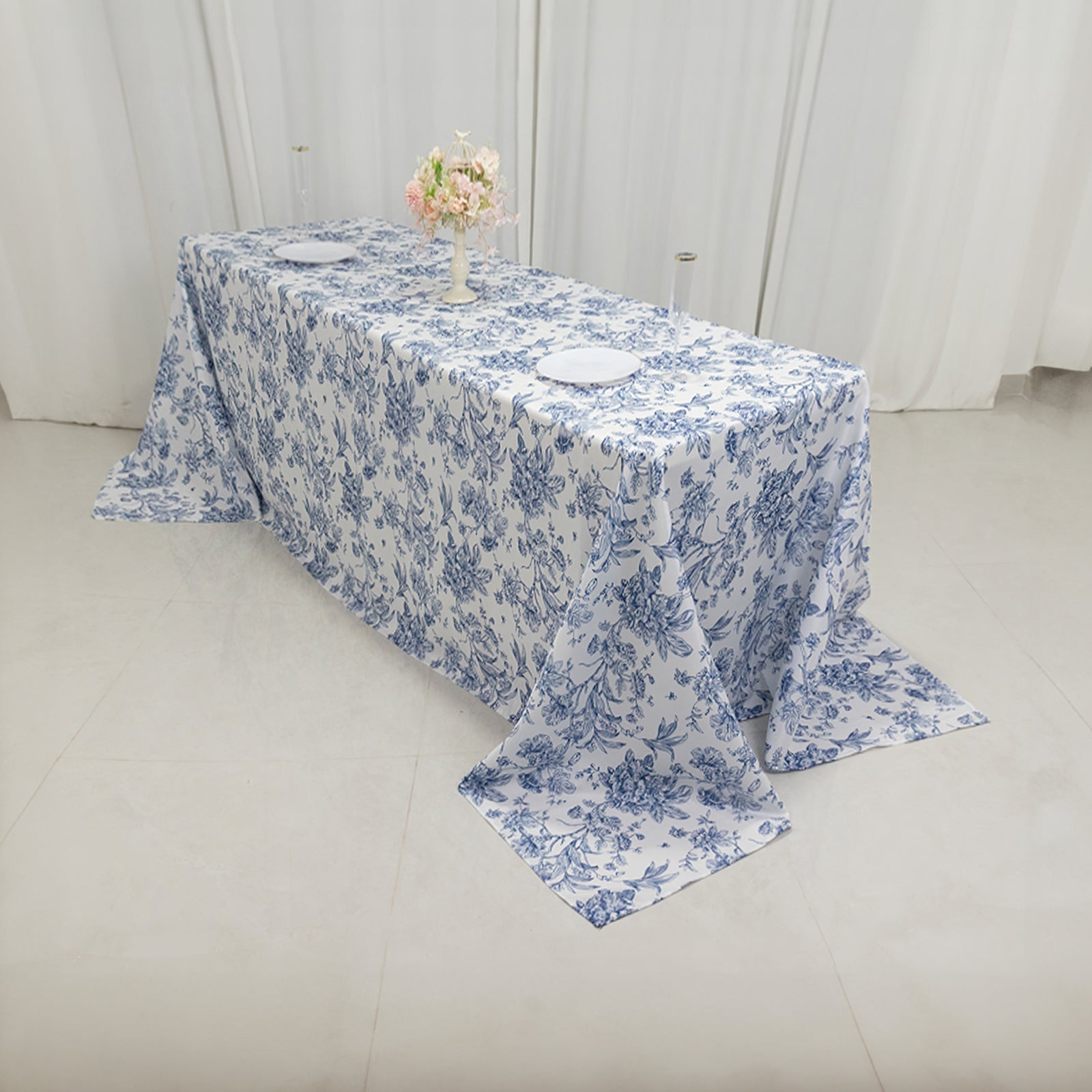 White Polyester Rectangle Tablecloth with Seamless Blue French Toile Pattern for Elegant Events