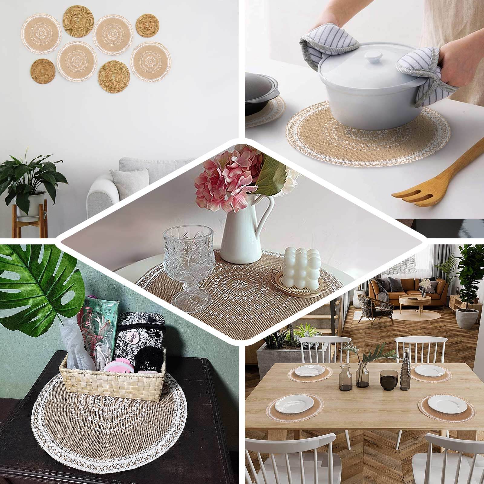 4-Pack Round Braided Placemats in Natural Jute and White - Ideal Rustic Table Mats 15 Inches