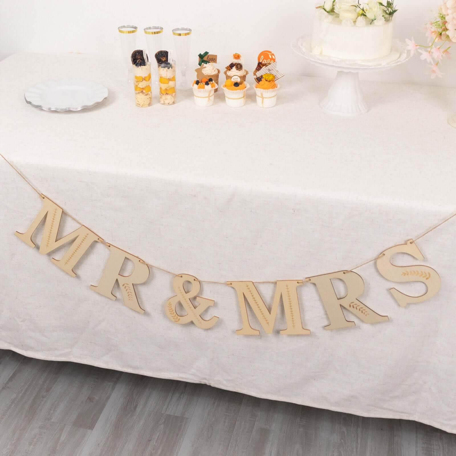 10ft Handmade Natural Pre - Strung Mr & Mrs Wooden Letter Banner with Rustic Botanical Design for Anniversaries