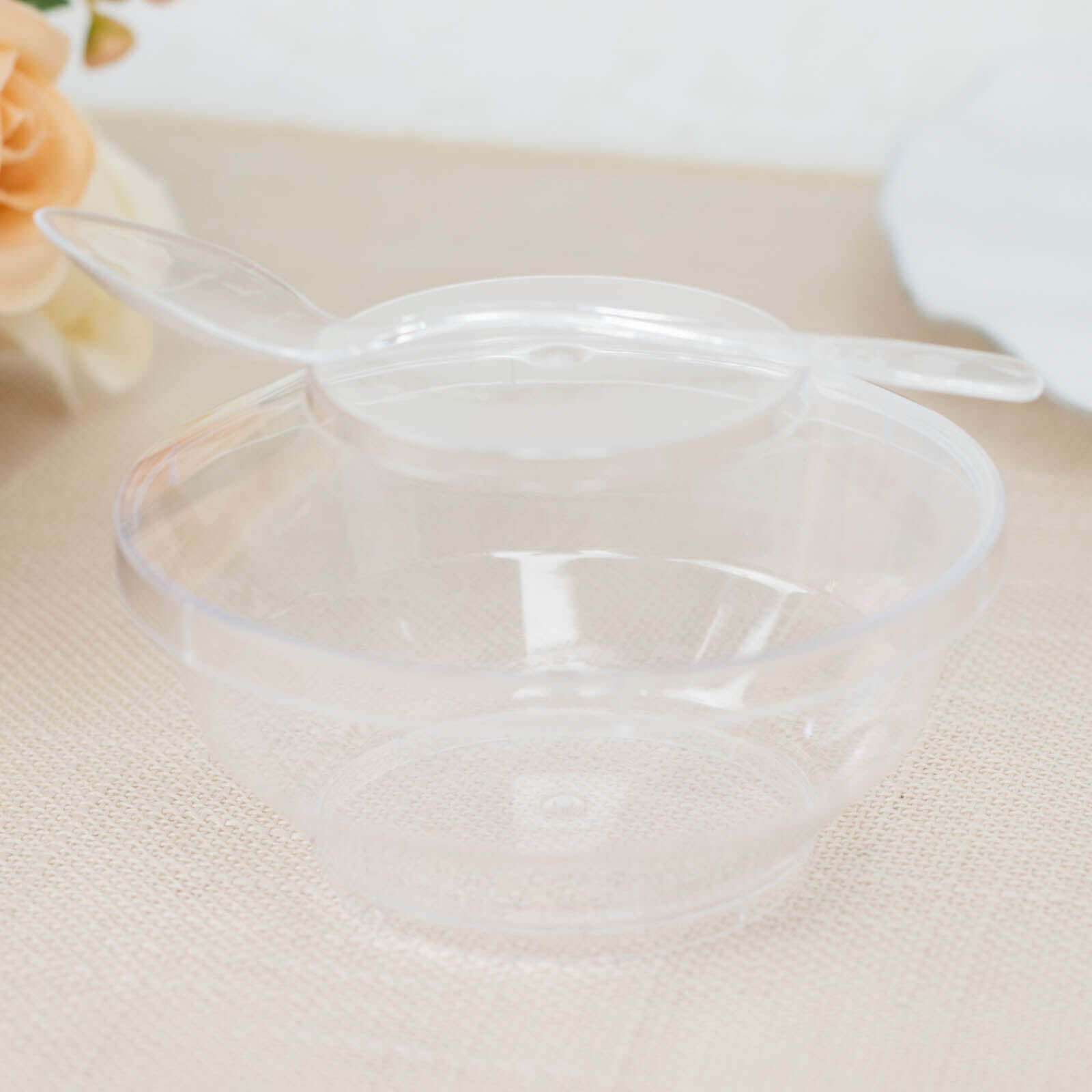24-Piece Clear Plastic Mini Party Bowl Set with Lid and Spoon - 3.5oz Ideal for Desserts