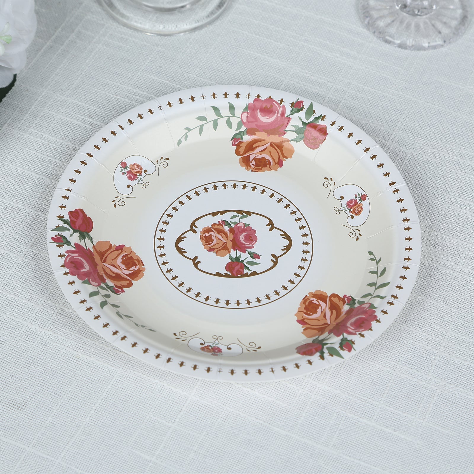 25-Piece Set of Disposable Ivory Paper Round Dessert Plates with Vintage Rose Prints - Ideal for Bridal Showers & Garden Luncheons