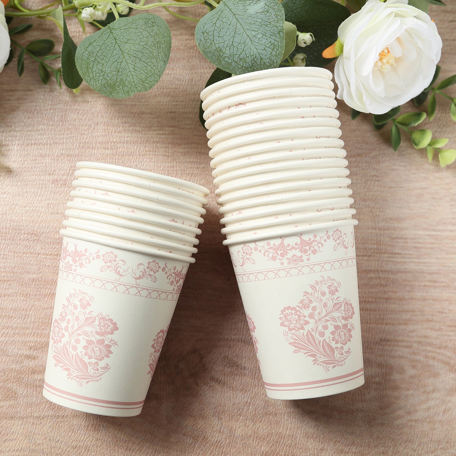 Hot Deal! 24-Pack 9oz Disposable Paper Party Cups in Elegant White Pink French Toile Pattern