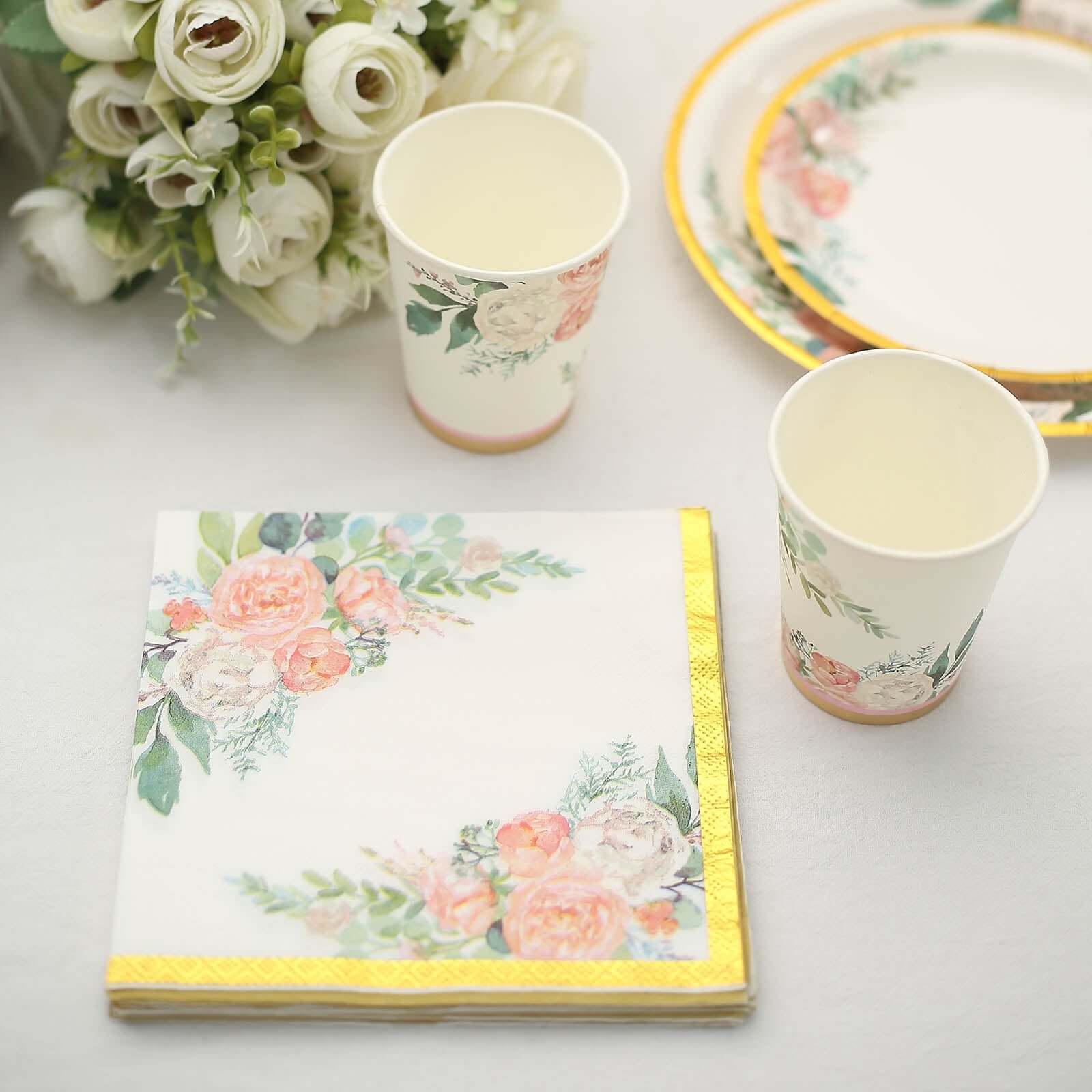 20-Pack 18GSM 2-Ply Wedding Paper Cocktail Napkins with Pink Peony Floral & Gold Trim