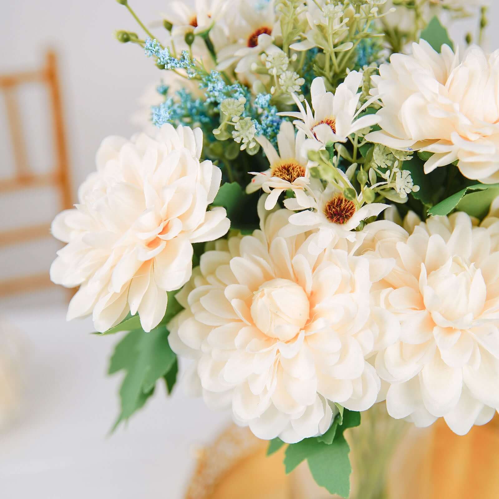Hot Sale! 2 Bushes Artificial Silk Ivory and Blue Dahlia Flower Bouquet Spray for Decor