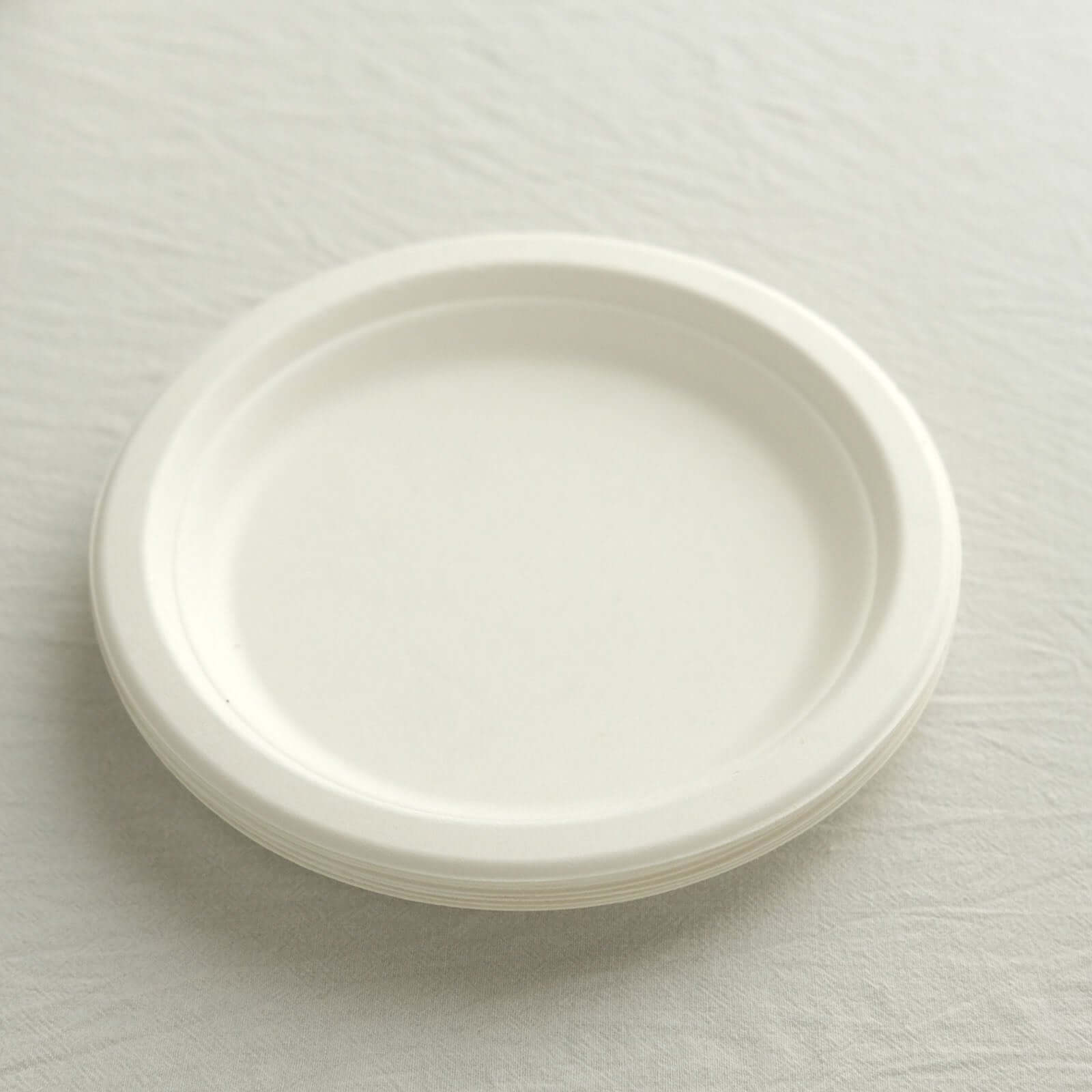 50-Pack White 7" Round Biodegradable Bagasse Dessert Plates - Ideal for Outdoor Events