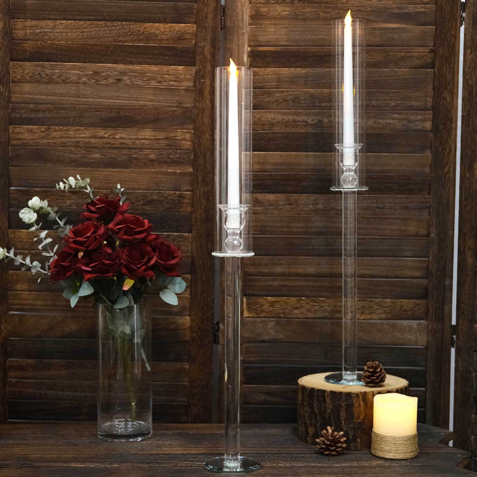 2-Pack Tall Clear Crystal Glass Hurricane Taper Candle Holders, Decorative 26-Inch Stands