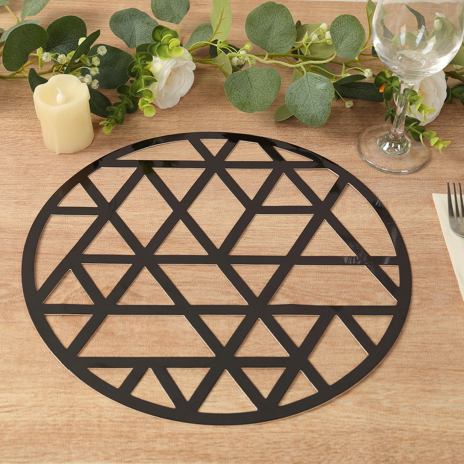 Hot Sale! 6-Pack Black Cardboard Disposable Table Placemats with Laser-Cut Geometric Triangle Design, 13 Inches
