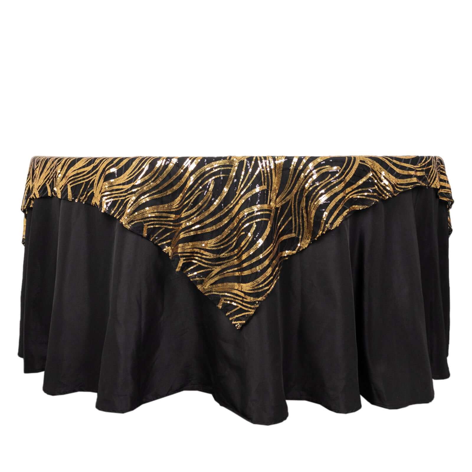 Black Gold Square Mesh Table Overlay with Wave Embroidered Sequins - Exclusive Offer