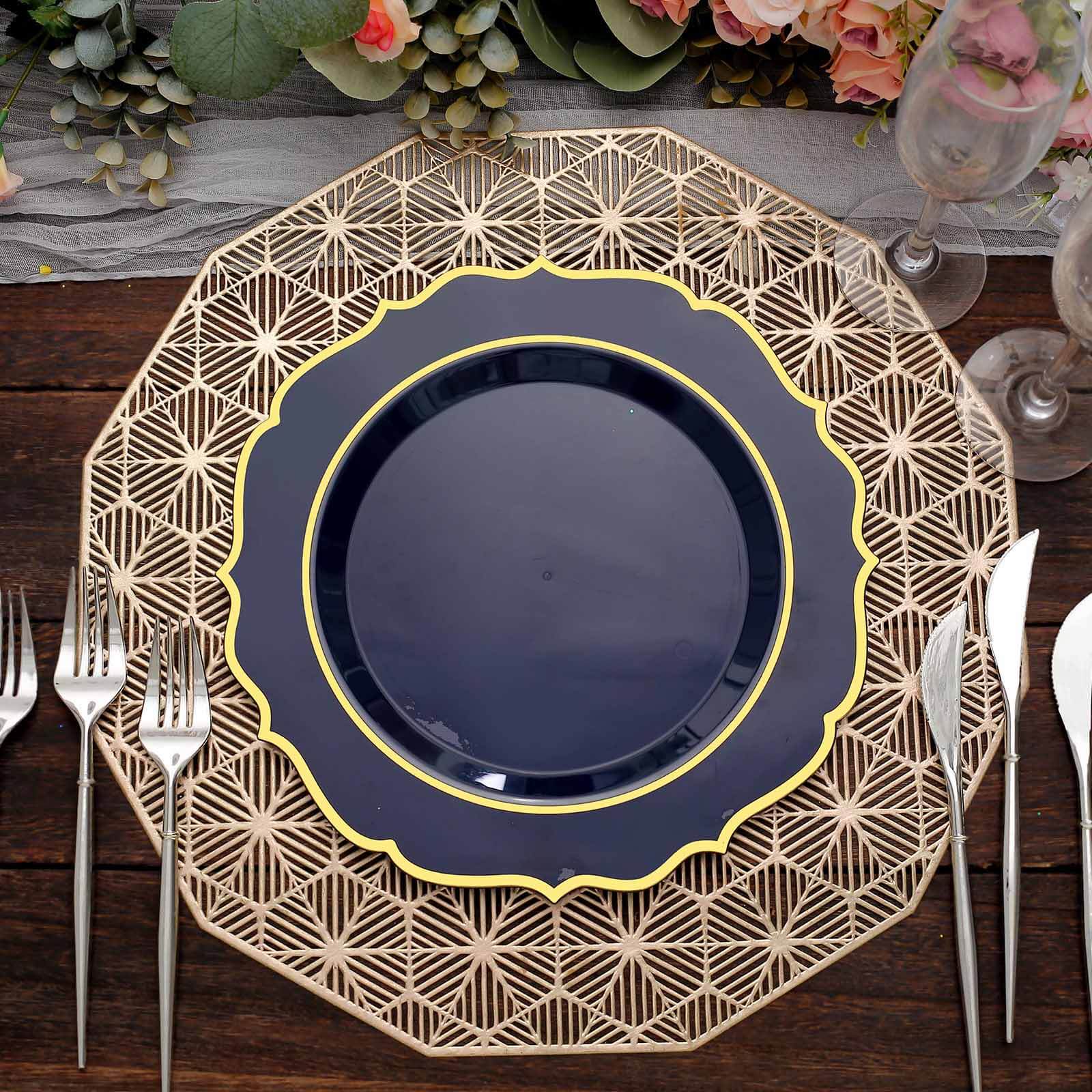 10-Pack Disposable Navy Blue Plastic Round Dinner Plates with Gold Scalloped Rims - Ideal for Parties