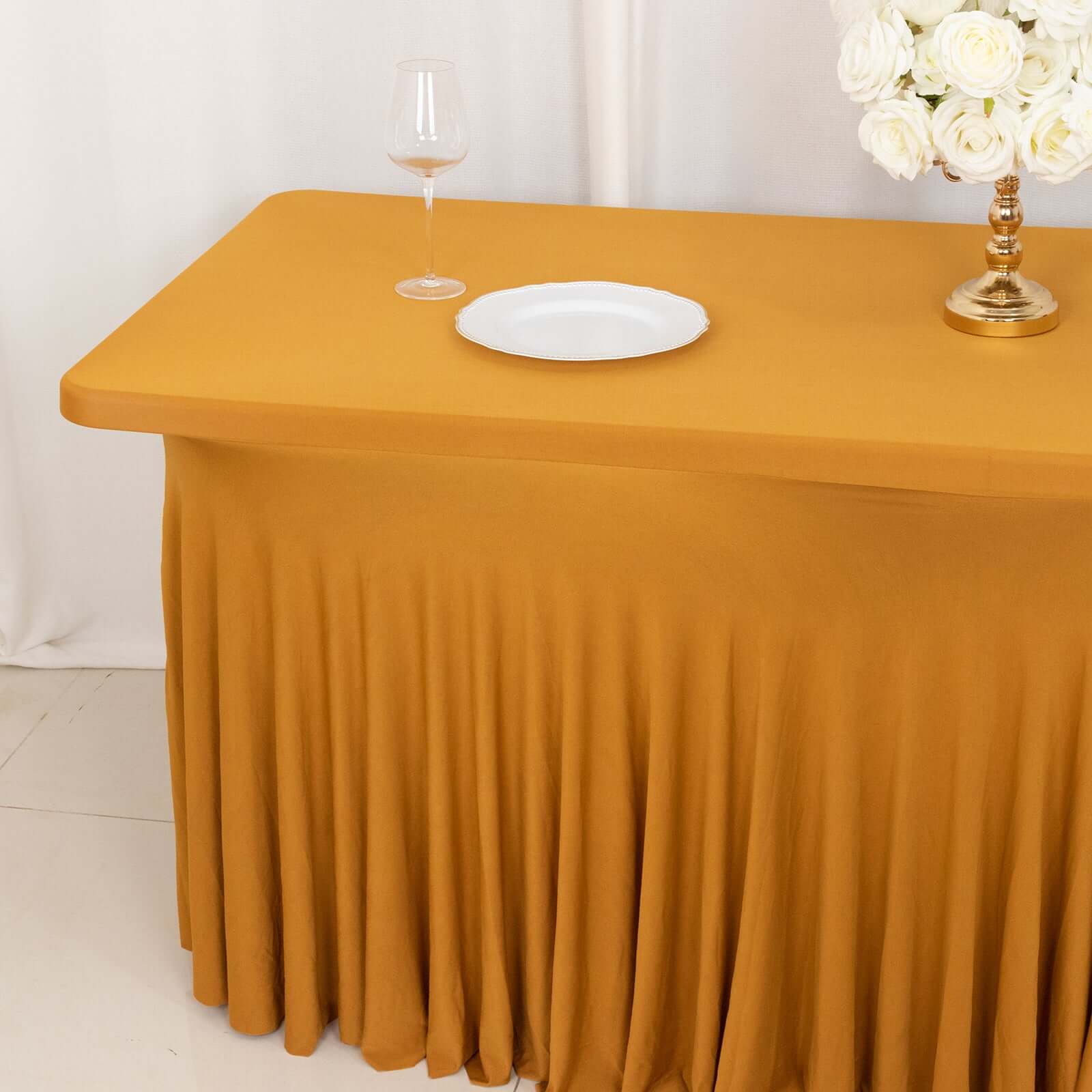 Stylish Gold Spandex Table Skirt with Wavy Effect for Weddings, Banquets & Shows