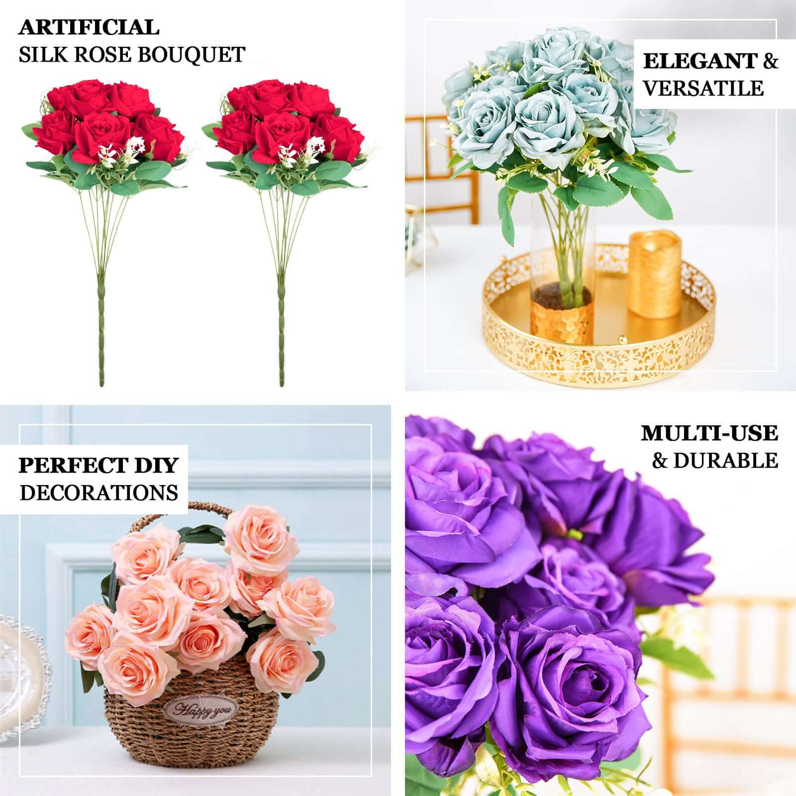 2 Bushes of 18 Realistic Touch White Silk Long Stem Artificial Rose Flower Bouquets