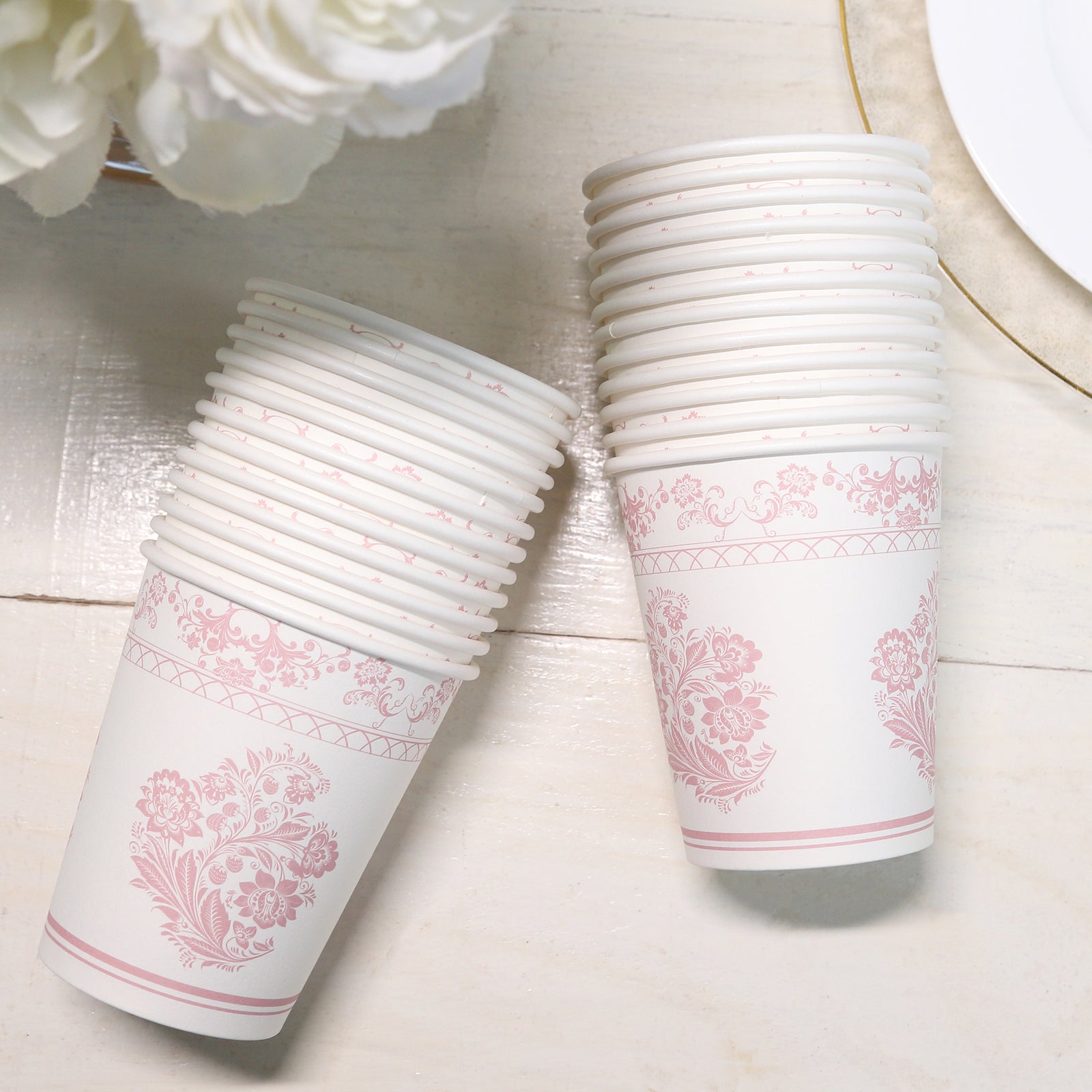 Hot Deal! 24-Pack 9oz Disposable Paper Party Cups in Elegant White Pink French Toile Pattern