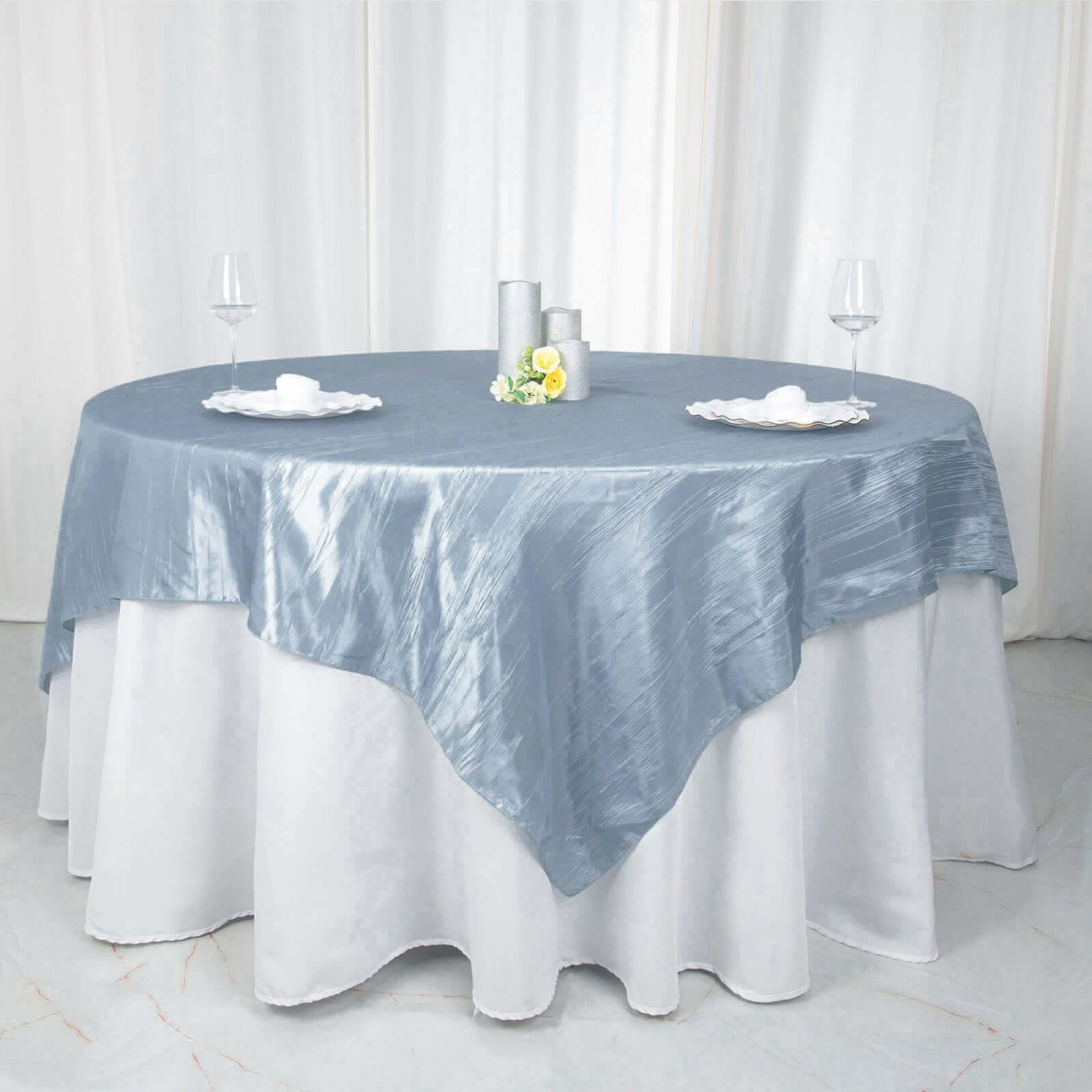 Dusty Blue Accordion Crinkle 90x90 Square Taffeta Table Overlay