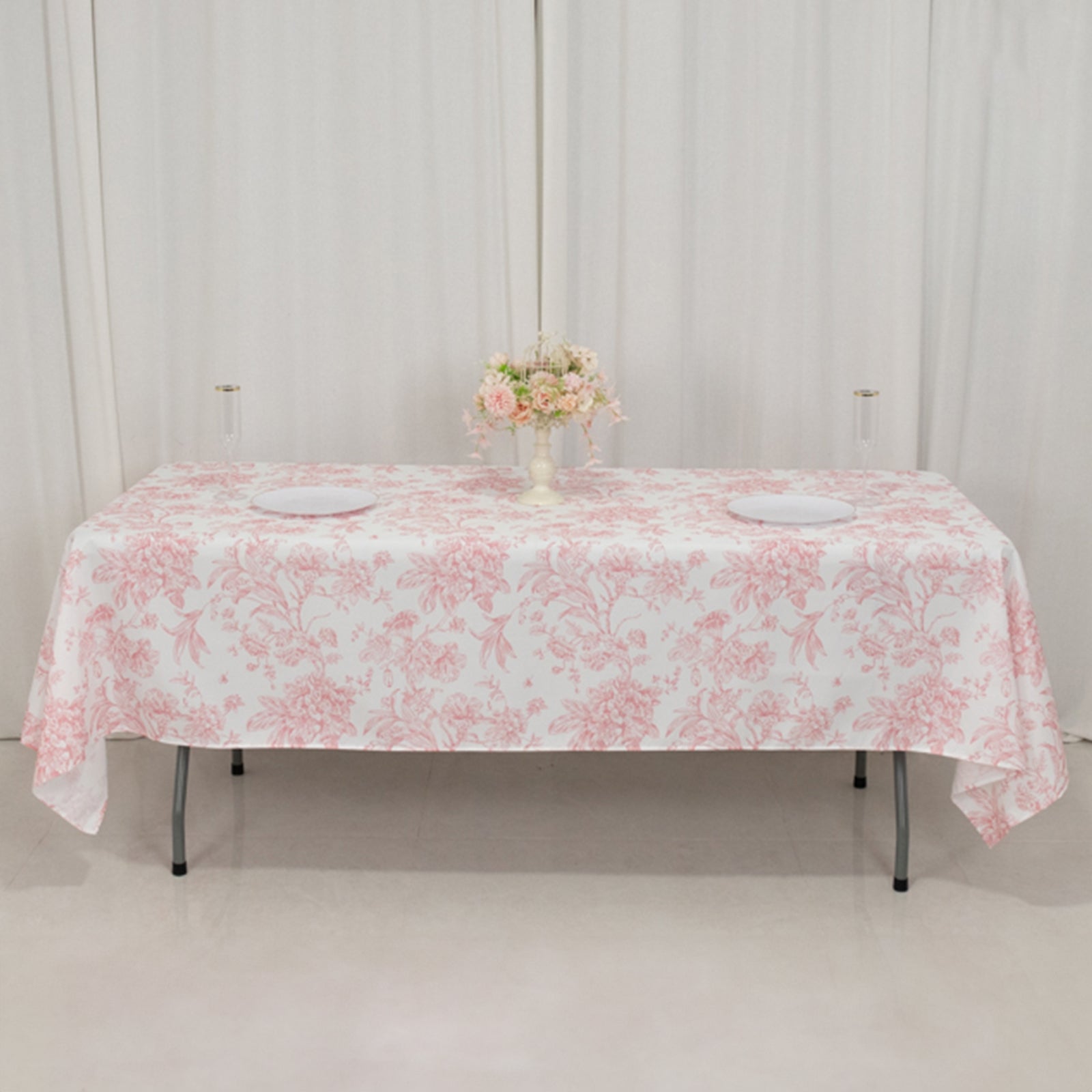 Hot Deal! White and Pink French Toile Pattern Polyester Rectangle Tablecloth for Modern Events (60x102)