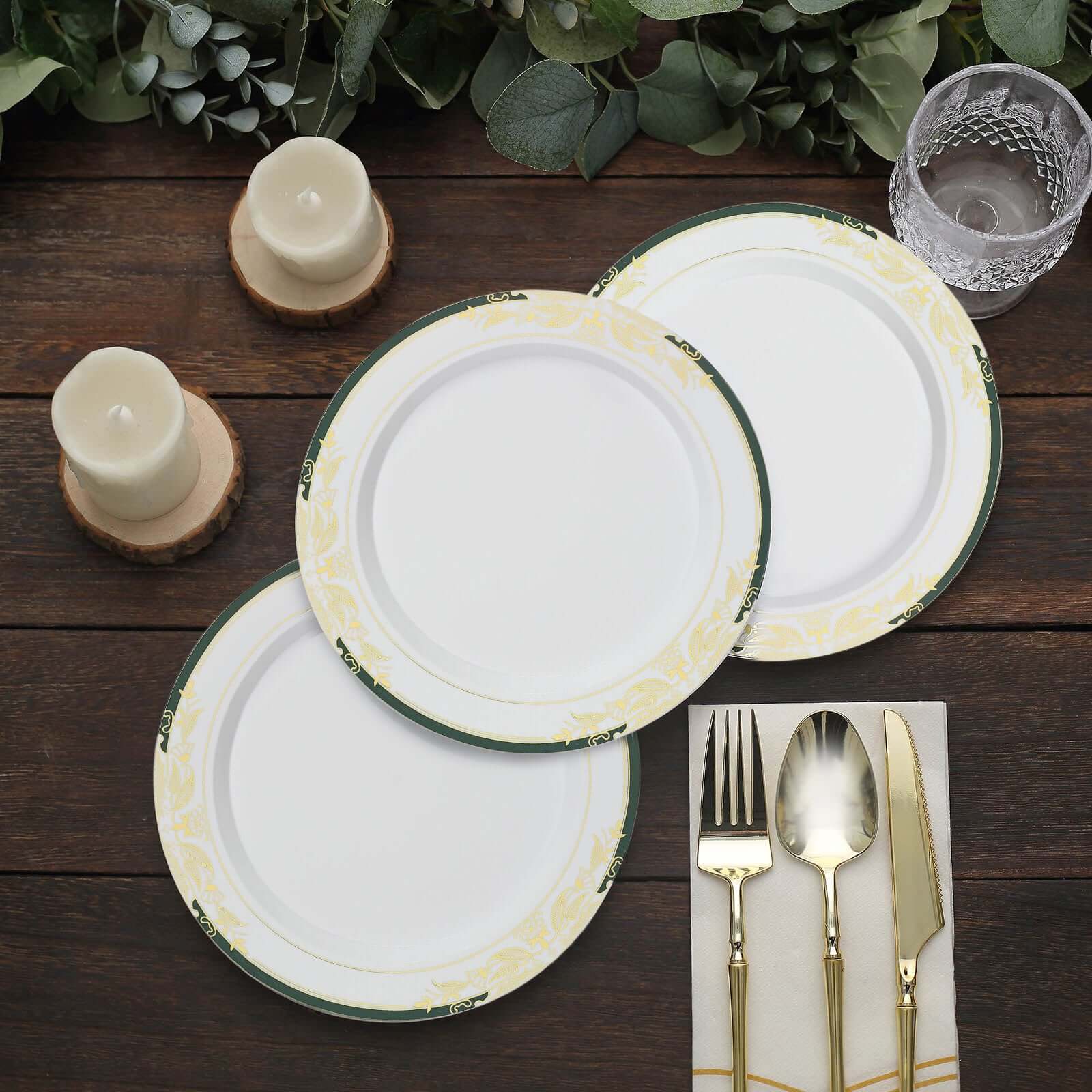 Hot Deal! 10-Pack Disposable 8-Inch Round Dessert & Salad Plates in White with Green & Gold Rim for Special Events