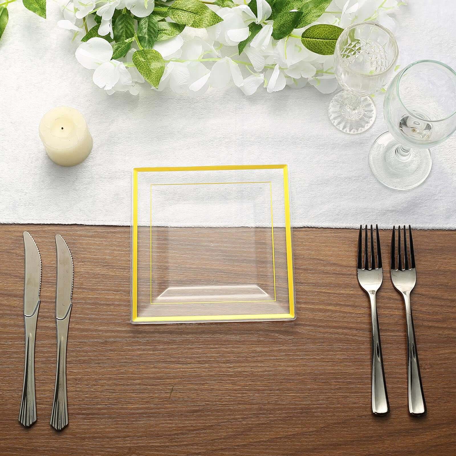 10-Pack Disposable Clear Square Salad & Dessert Plastic Plates with Elegant Gold Trim, 7 Inches