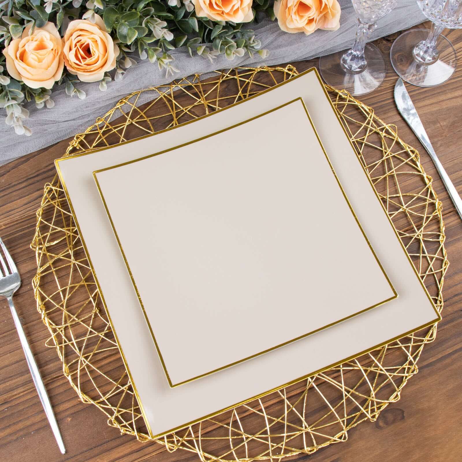 10-Pack Disposable Taupe Plastic Square Dessert Plates with Gold Rim - Ideal for Parties