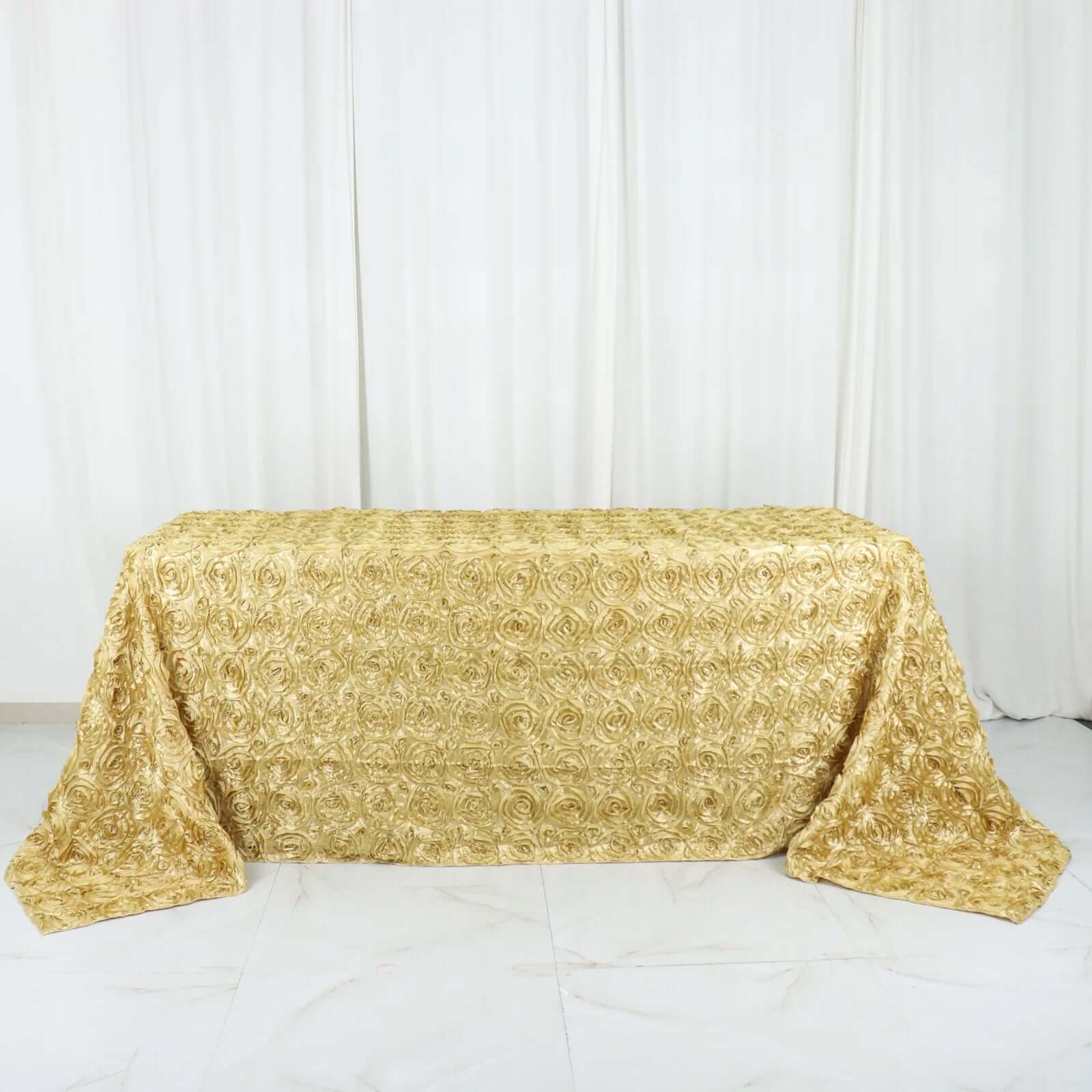 Champagne Satin 90x132 Rectangle Tablecloth with Stunning 3D Rosette Design