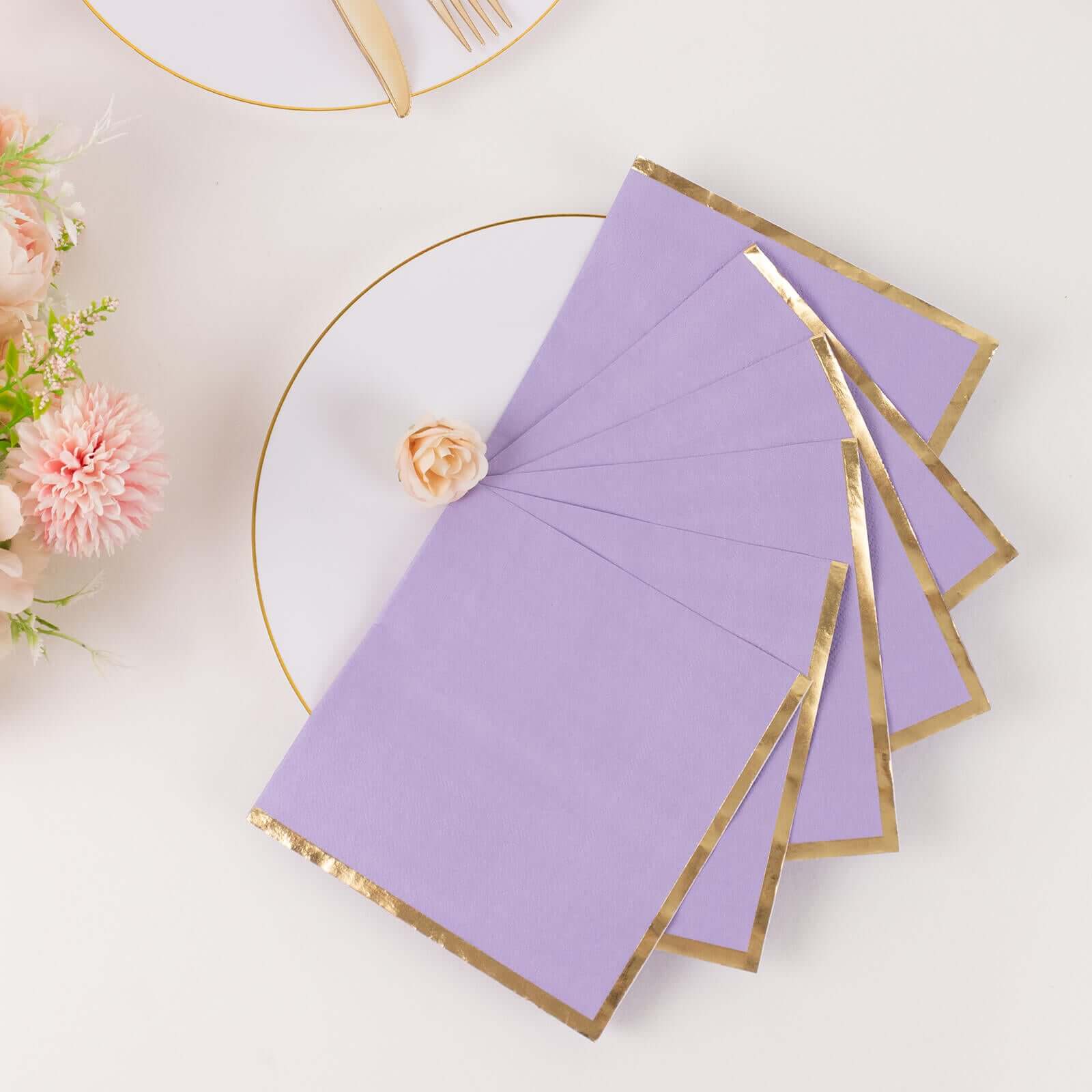 Get 50-Pack Disposable 2-Ply Lavender Cocktail Paper Napkins with Gold Foil Edge for Events