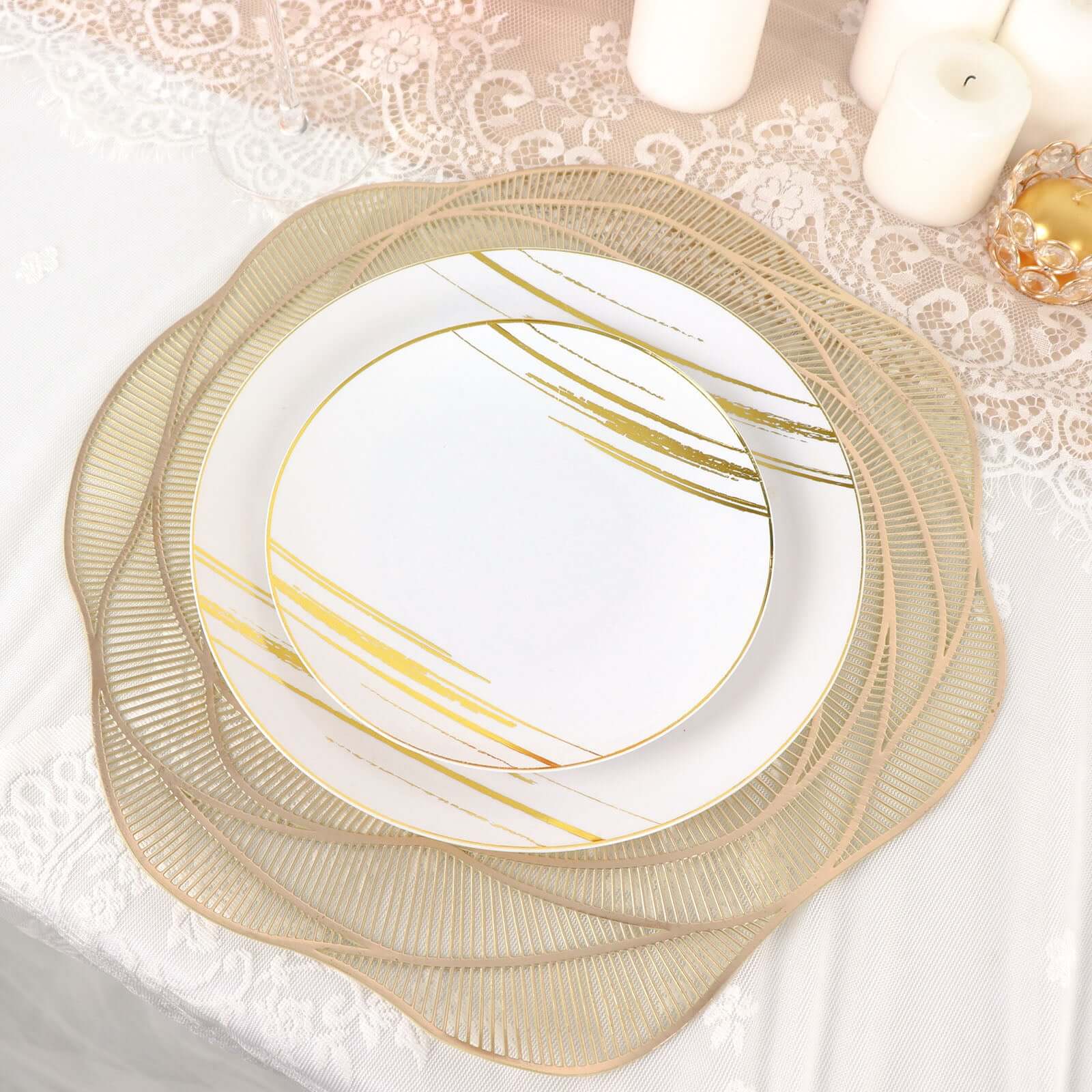 Hot Deal! 6-Pack Metallic Gold Rose Flower Vinyl Round Non-Slip Washable Dining Table Mats, 15"