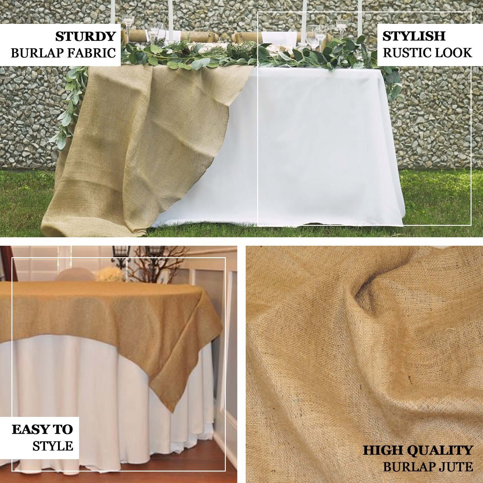 Natural Burlap 90x90 Square Table Overlay - Perfect for Vintage Celebrations