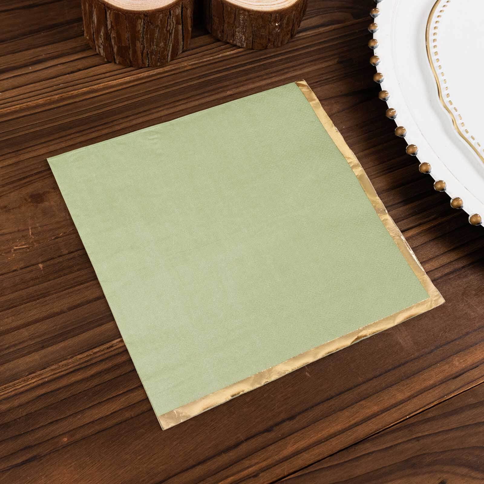 50-Pack Disposable 2-Ply Sage Green Paper Beverage Napkins with Gold Foil Edge - Ideal for Events