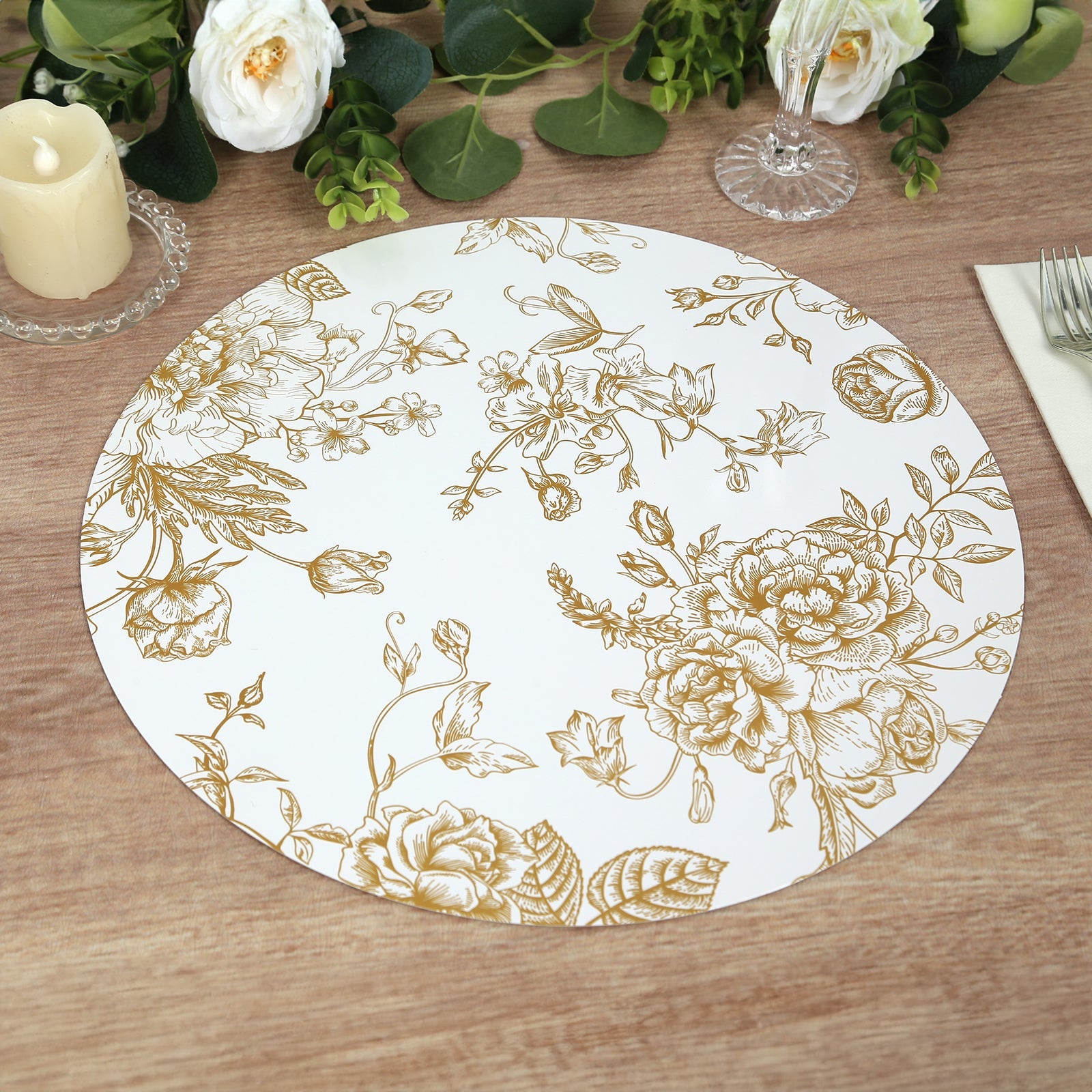 6-Piece Disposable White/Gold French Toile Print Cardboard Placemats, 13-Inch