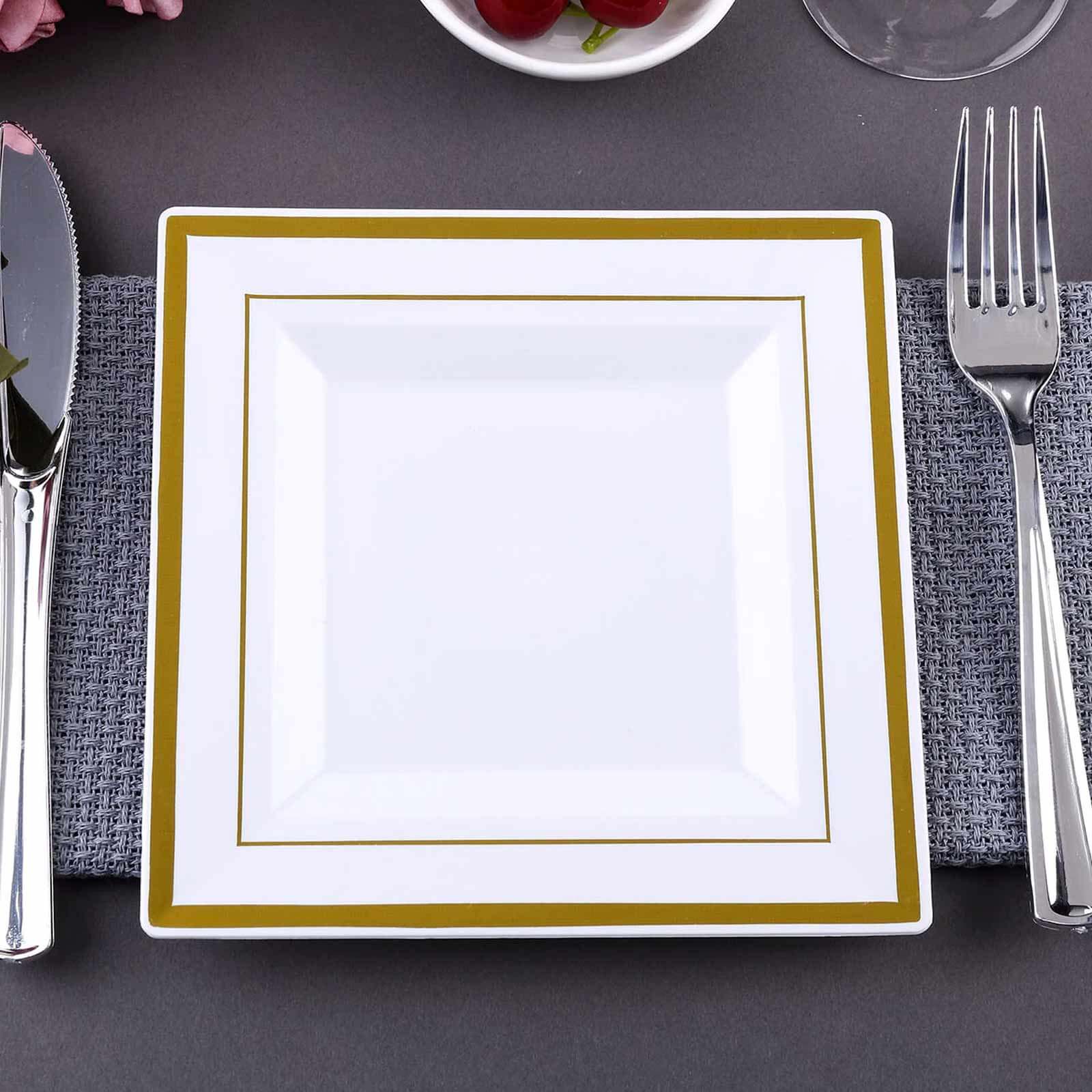 10-Pack Disposable White Square Salad & Dessert Plates with Gold Trim, 7