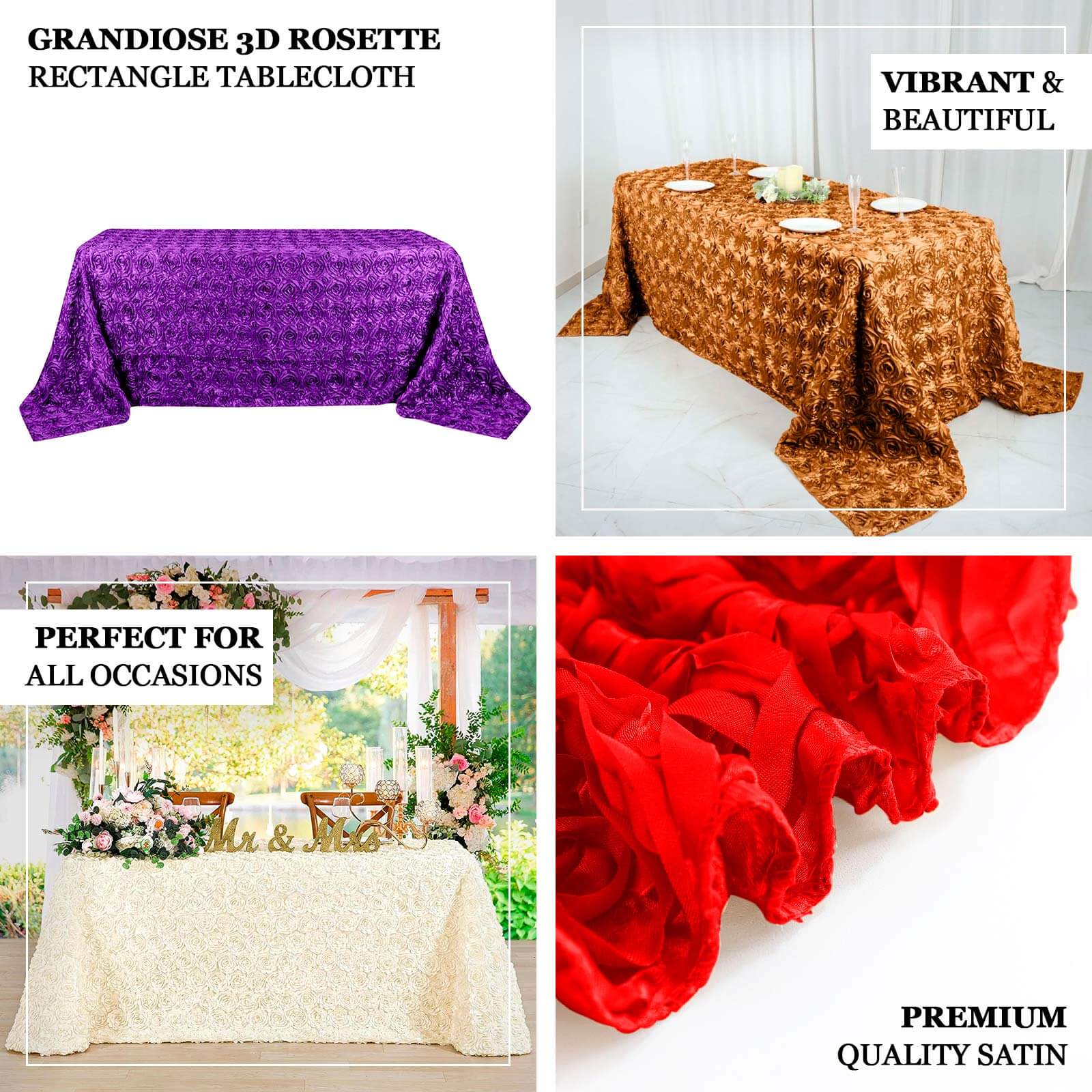 Hot Sale! Pink Satin 90x132 Rectangle Tablecloth with 3D Rosette Design