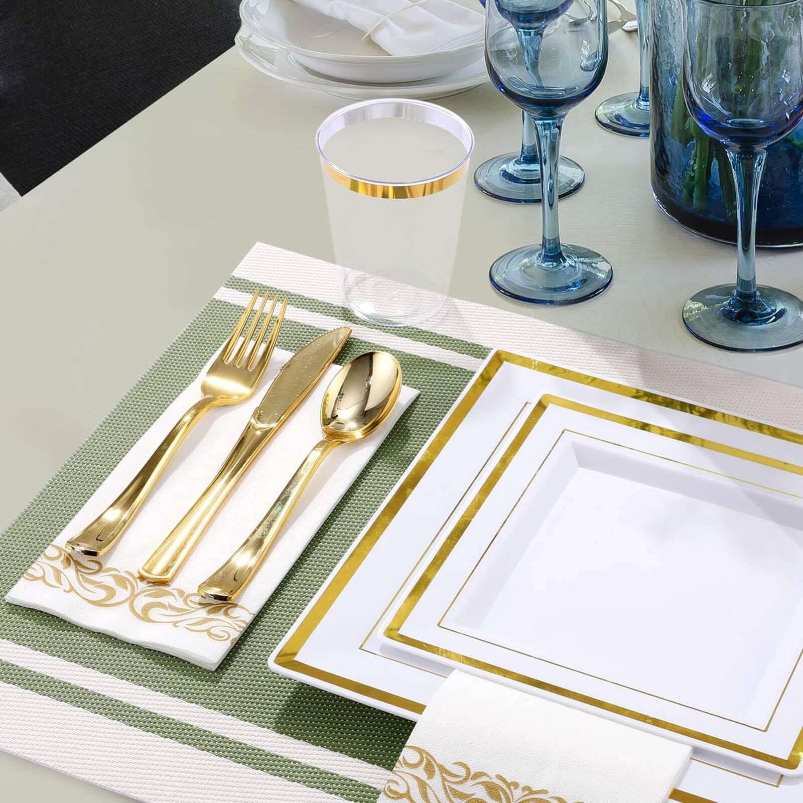 10-Pack Disposable White Square Salad & Dessert Plates with Gold Trim, 7" Size