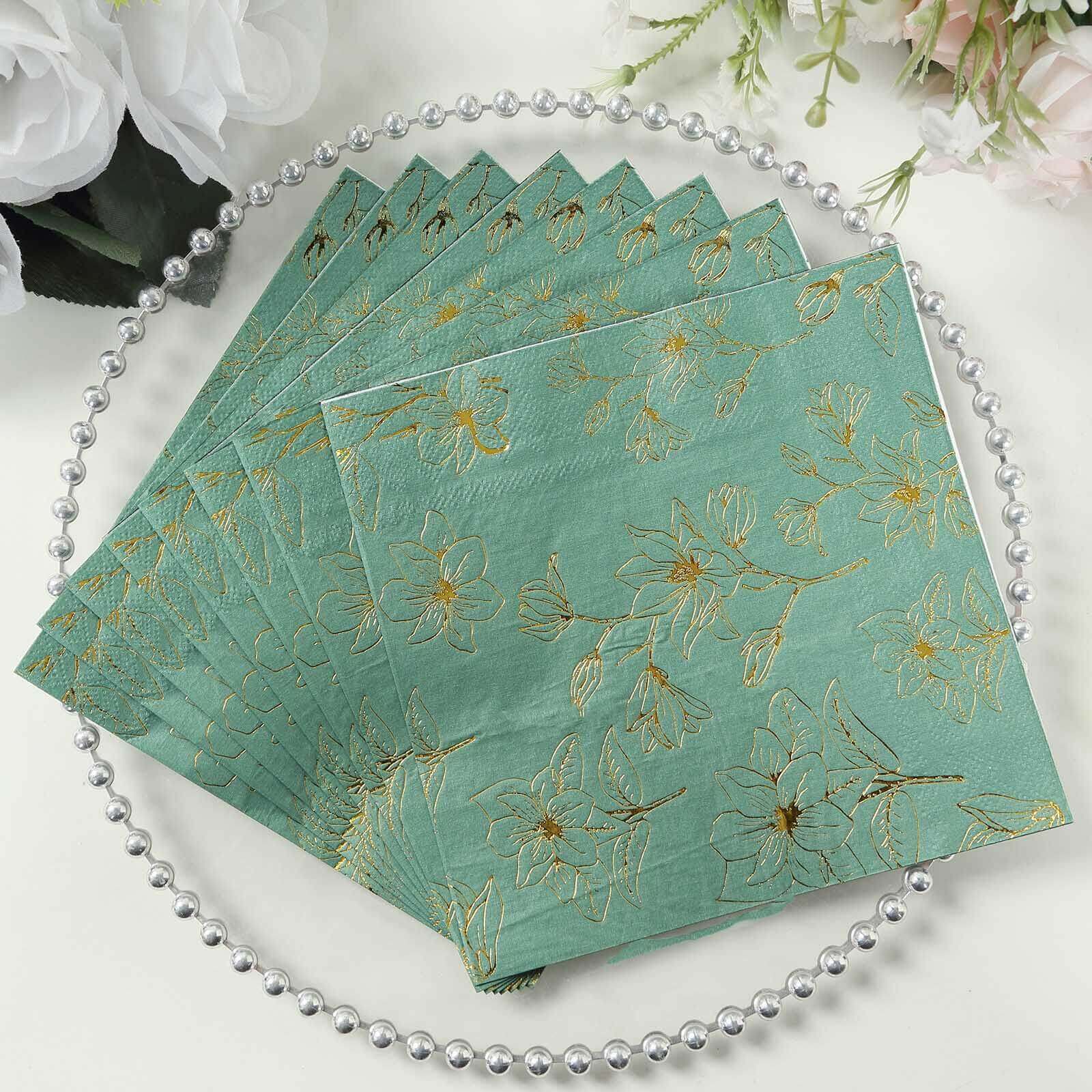 Get 50-Pack 2-Ply Absorbent Paper Cocktail Napkins with Gold Magnolia Prints in Dusty Sage Green
