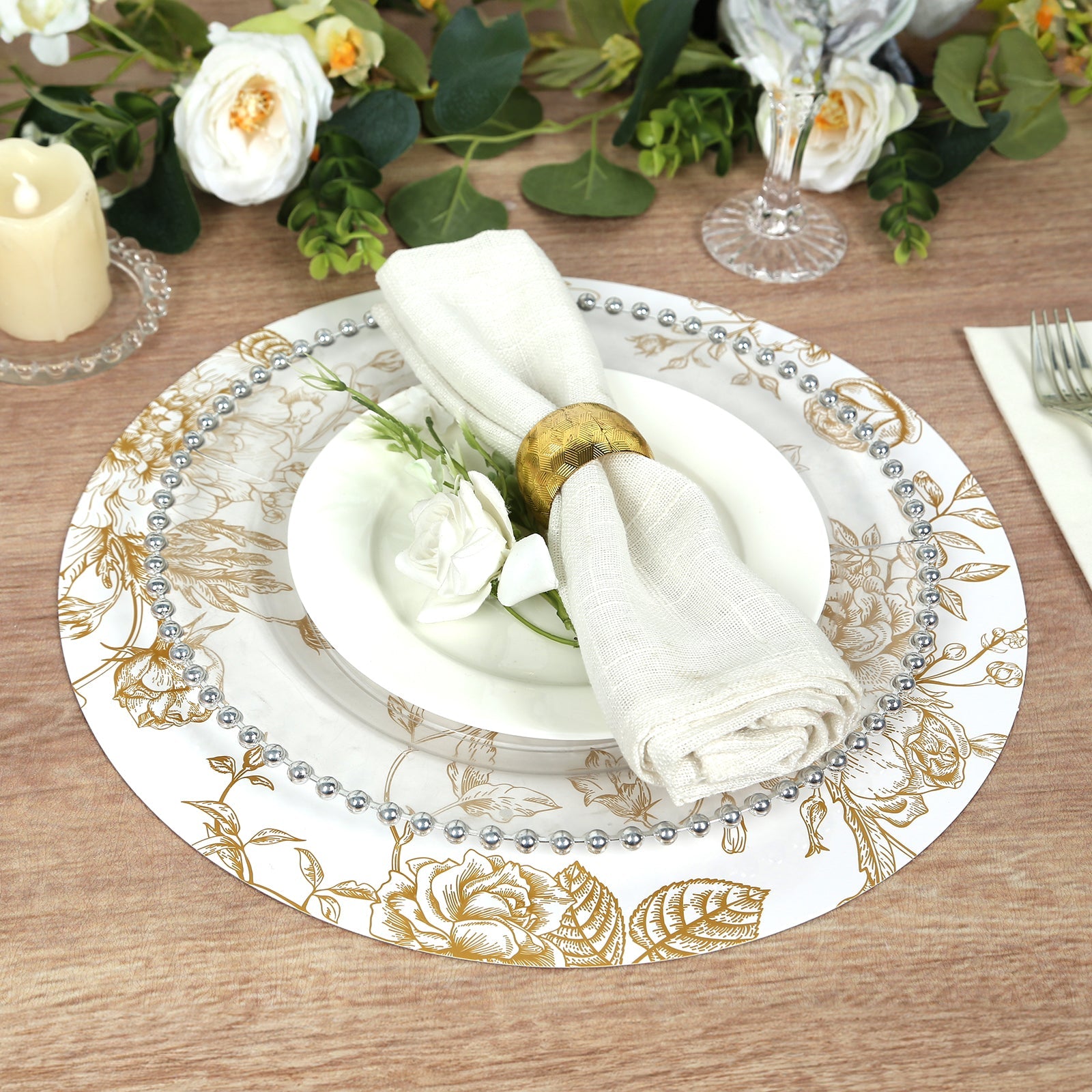 6-Piece Disposable White/Gold French Toile Print Cardboard Placemats, 13-Inch