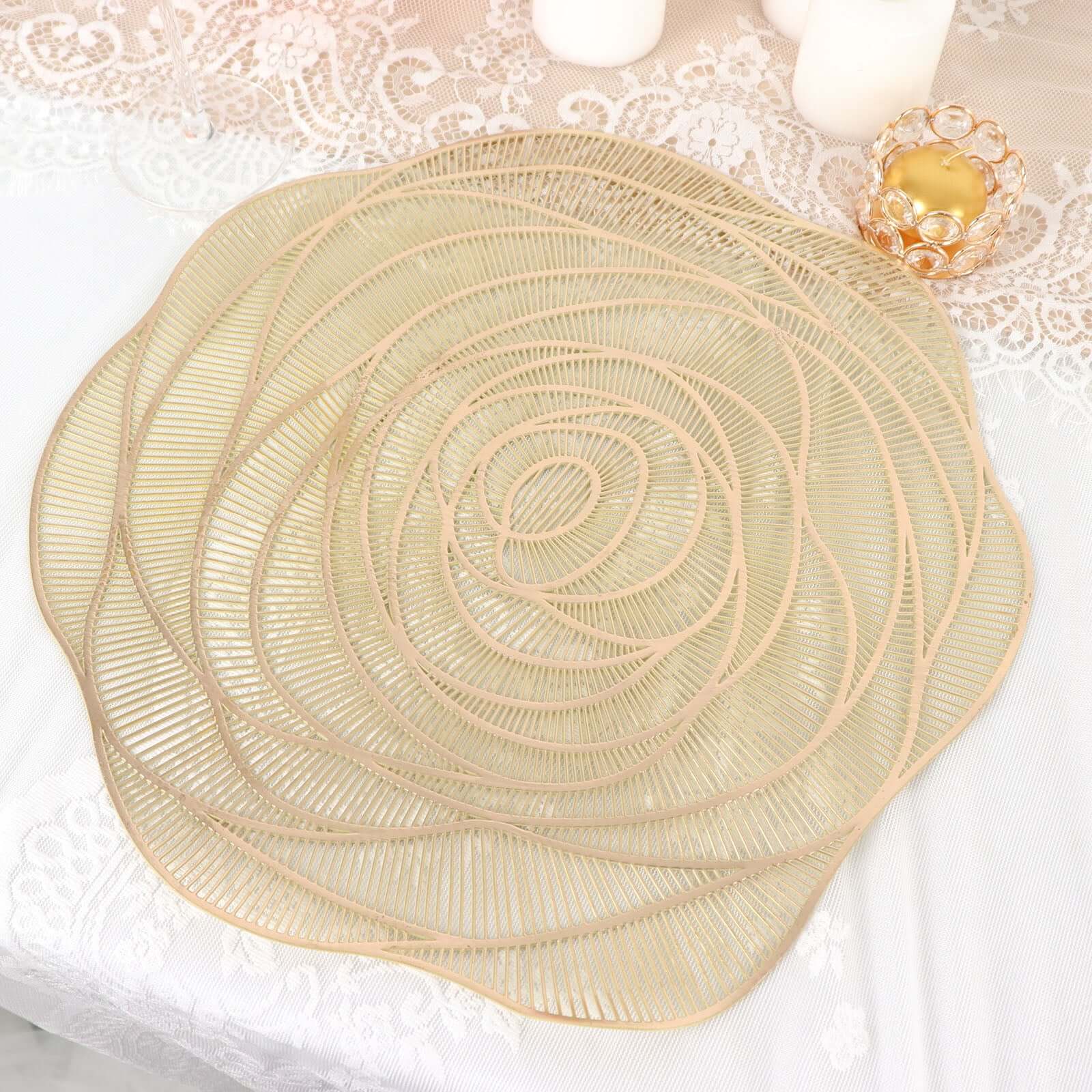 Hot Deal! 6-Pack Metallic Gold Rose Flower Vinyl Round Non-Slip Washable Dining Table Mats, 15"