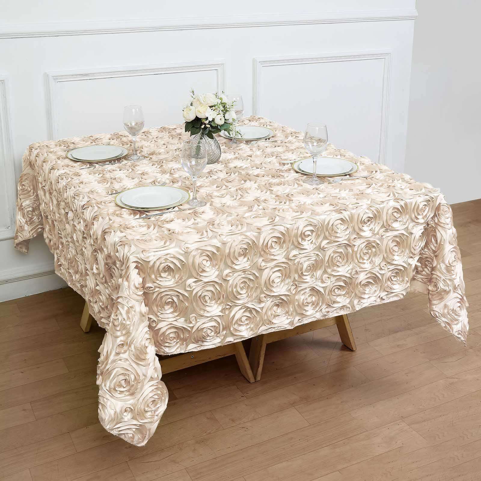 Beige 72x72 Satin Square Table Overlay with 3D Rosette Design