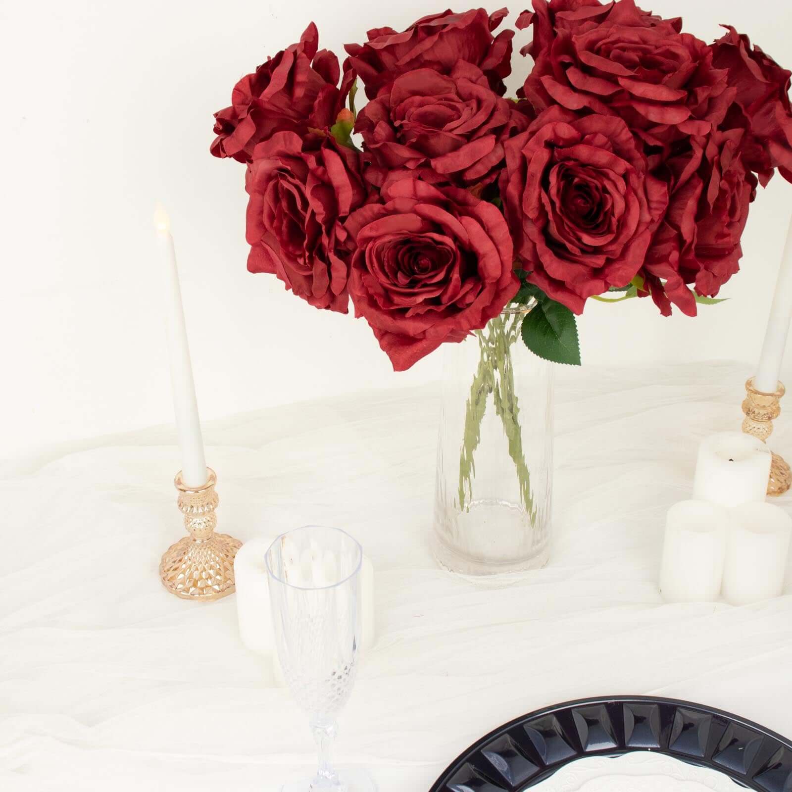 Premium Artificial Burgundy Silk Jumbo Rose Flower Bouquet for Weddings and Decorations