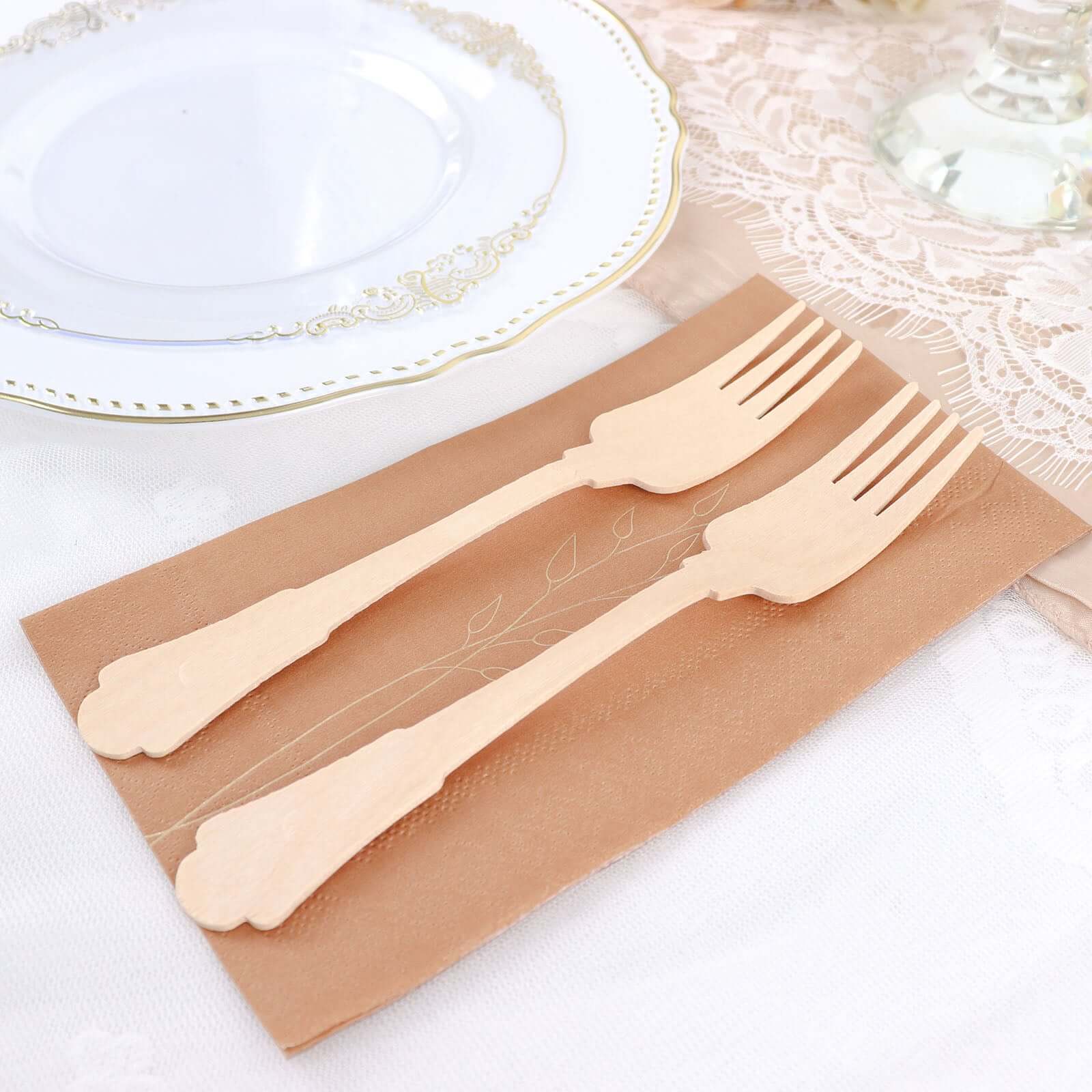 24-Pack Natural Birchwood Forks with Baroque Design - Ideal for Rustic Outdoor Parties! Eco-Friendly & Biodegradable