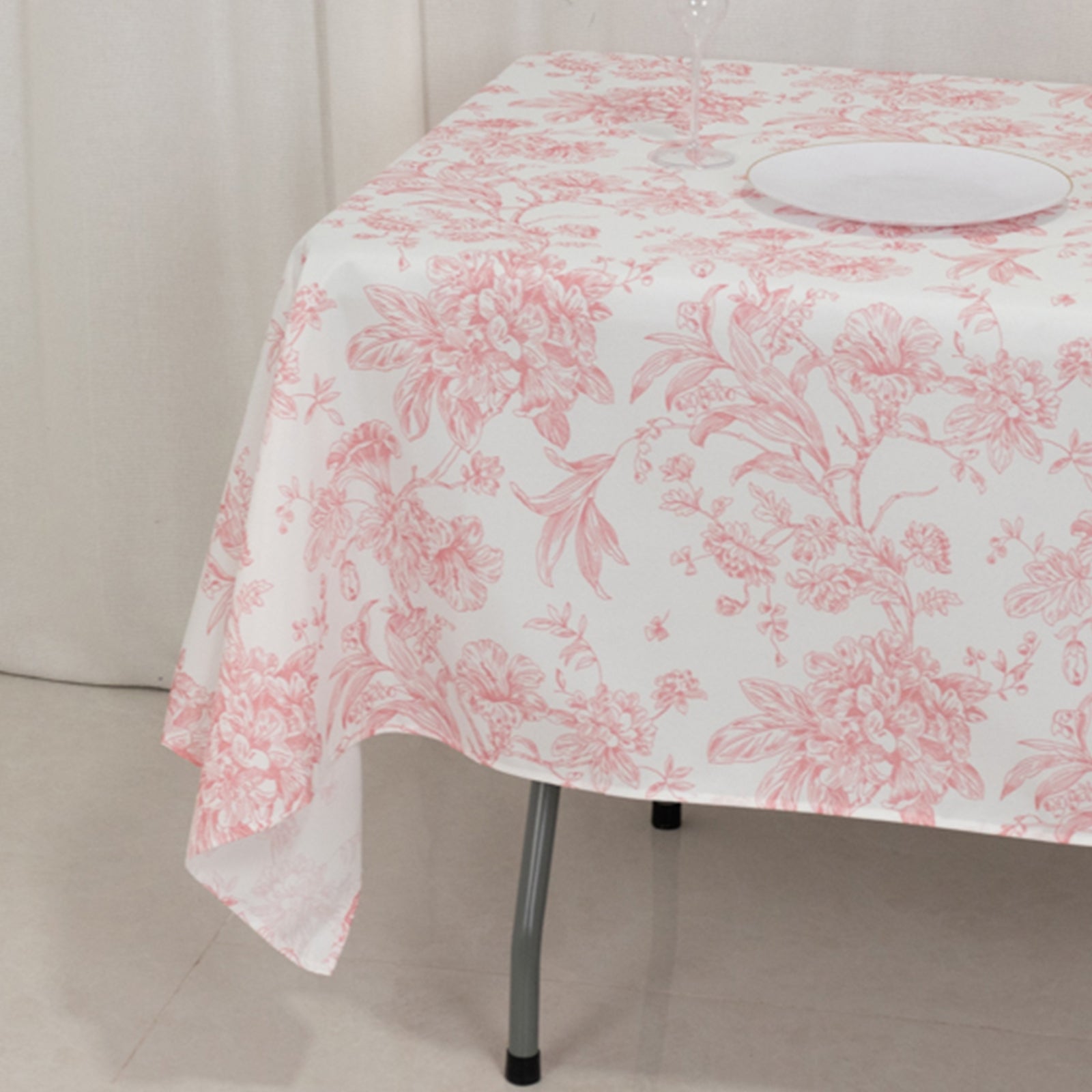 Hot Deal! White and Pink French Toile Pattern Polyester Rectangle Tablecloth for Modern Events (60x102)