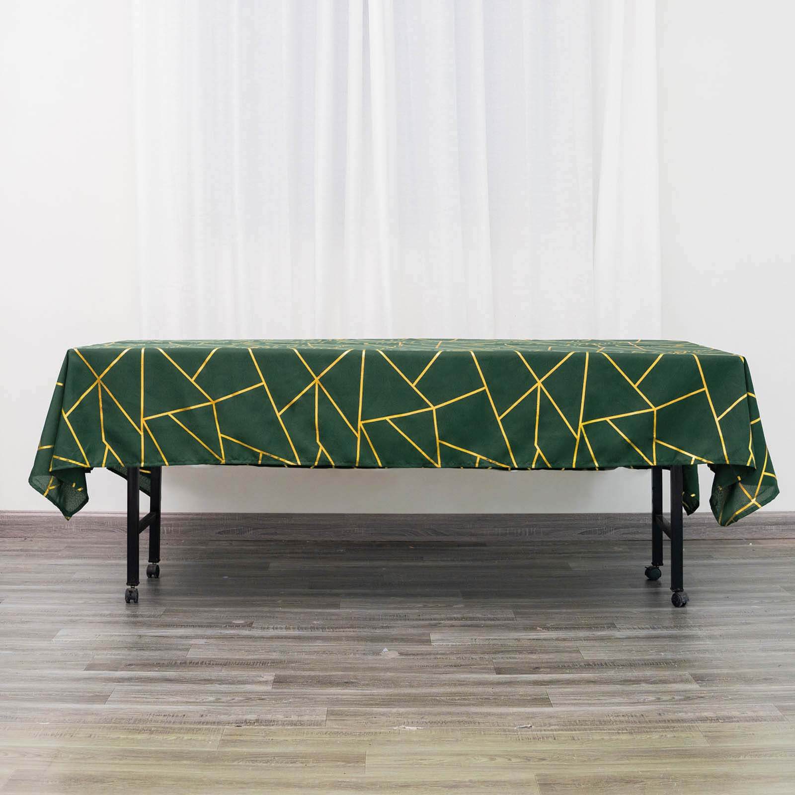 Wrinkle-Resistant & Durable Polyester Tablecloth in Hunter Emerald Green with Gold Foil Geometric Design